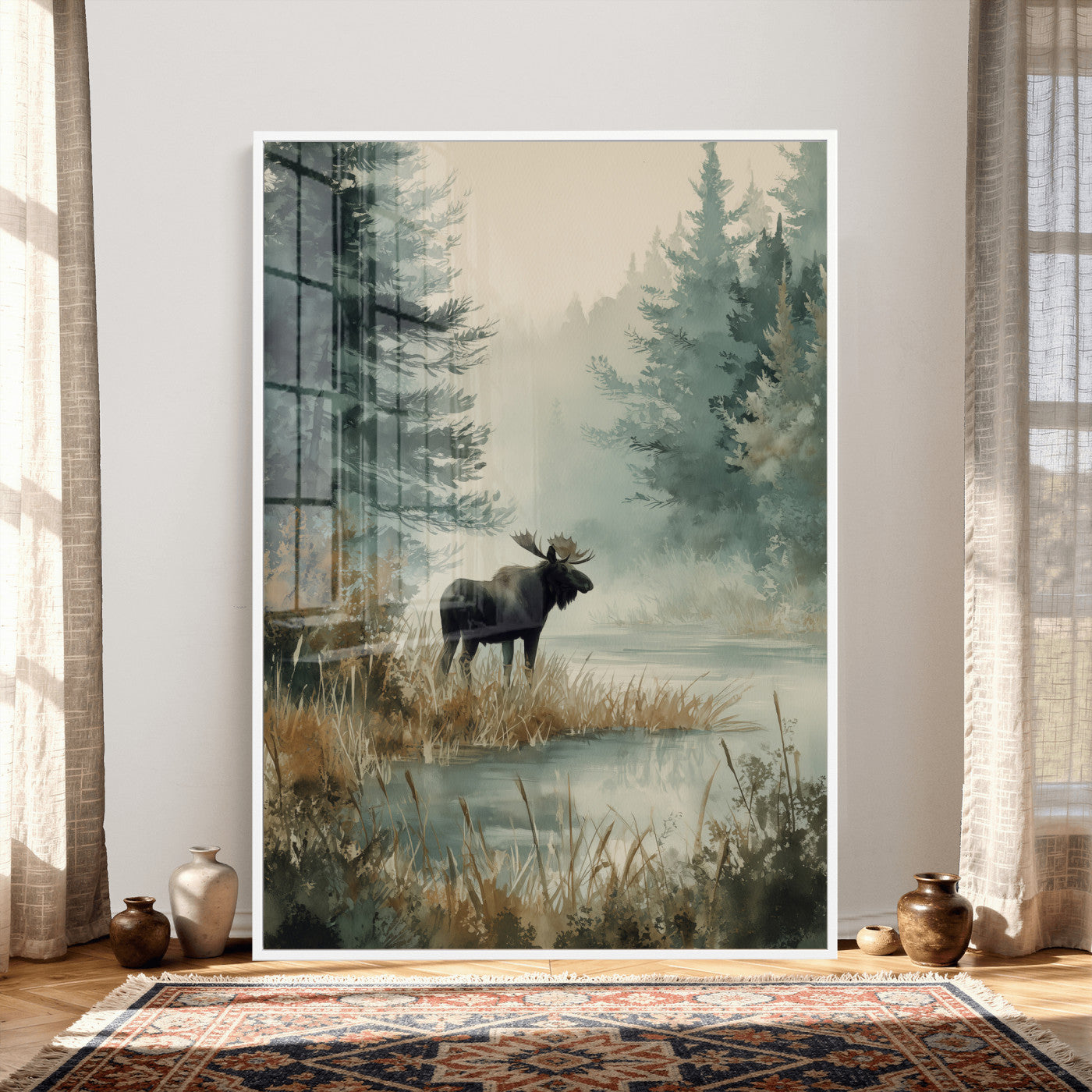 78345154-MGV-CV-24X36 - Watercolor Abstract Moose Forest Wall Art Canvas Print – Wildlife Nature Artwork Print for Living Room, Cabin, and Office Decor