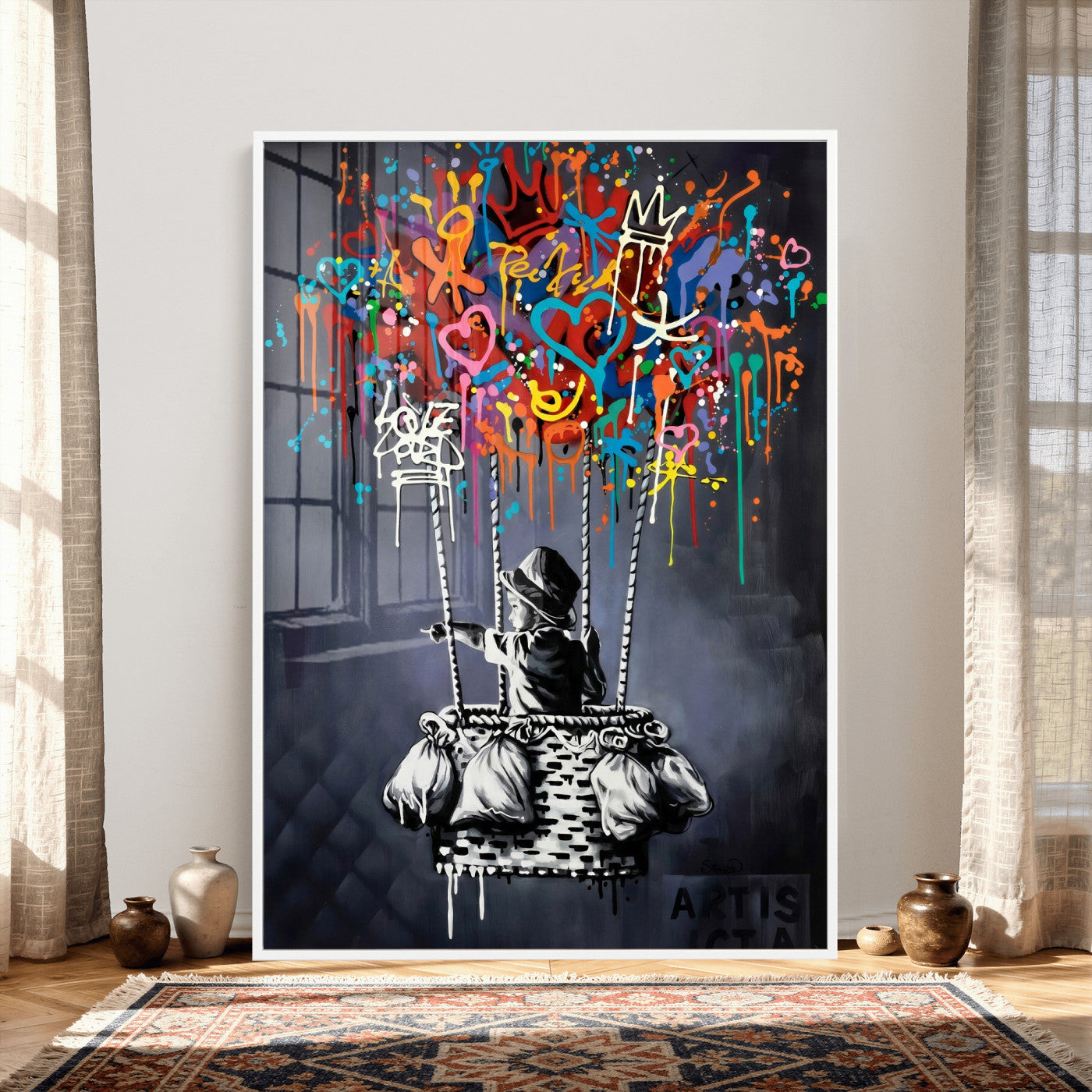 87352999-MGV-CV-24X36 - Banksy Inspired Boy Swing Wall Art Canvas Print, Graffiti Balloon Hearts Street Art, Colorful Urban Mural Artwork for Modern Living Room Decor