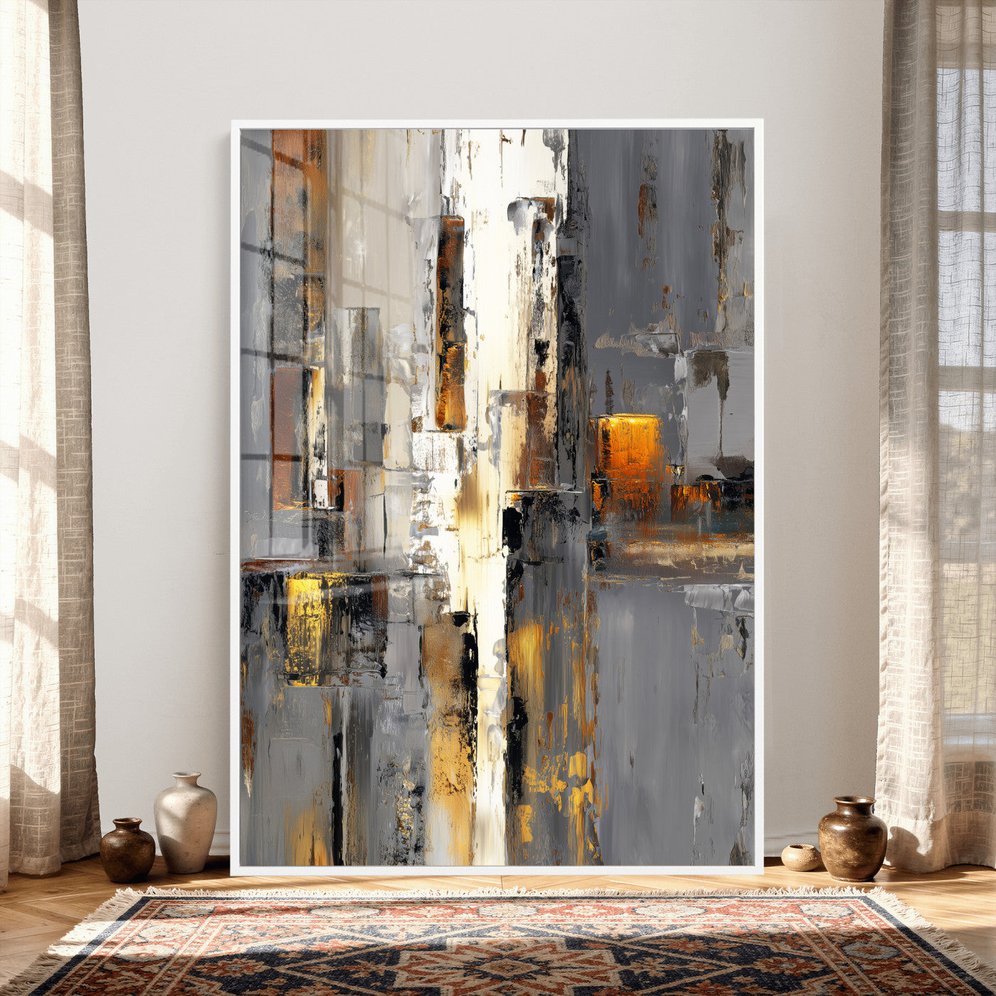 35992080-MGV-CV-24X36 - Abstract Urban Reflection Wall Art Canvas Print, Gold Black Modern Architecture Canvas Print, Contemporary Moody City Artwork for Living Room Decor