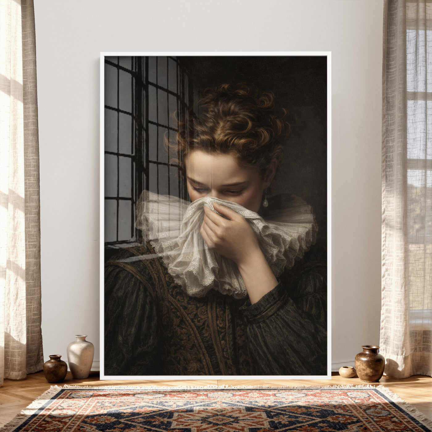 62652430-MGV-CV-24X36 - Baroque Portrait Canvas Wall Art, Flemish Woman with Lace Collar Print for Bathroom Wall Art, Funny Toilet Decor, Renaissance Style Portrait, Moody Vintage Wall Art