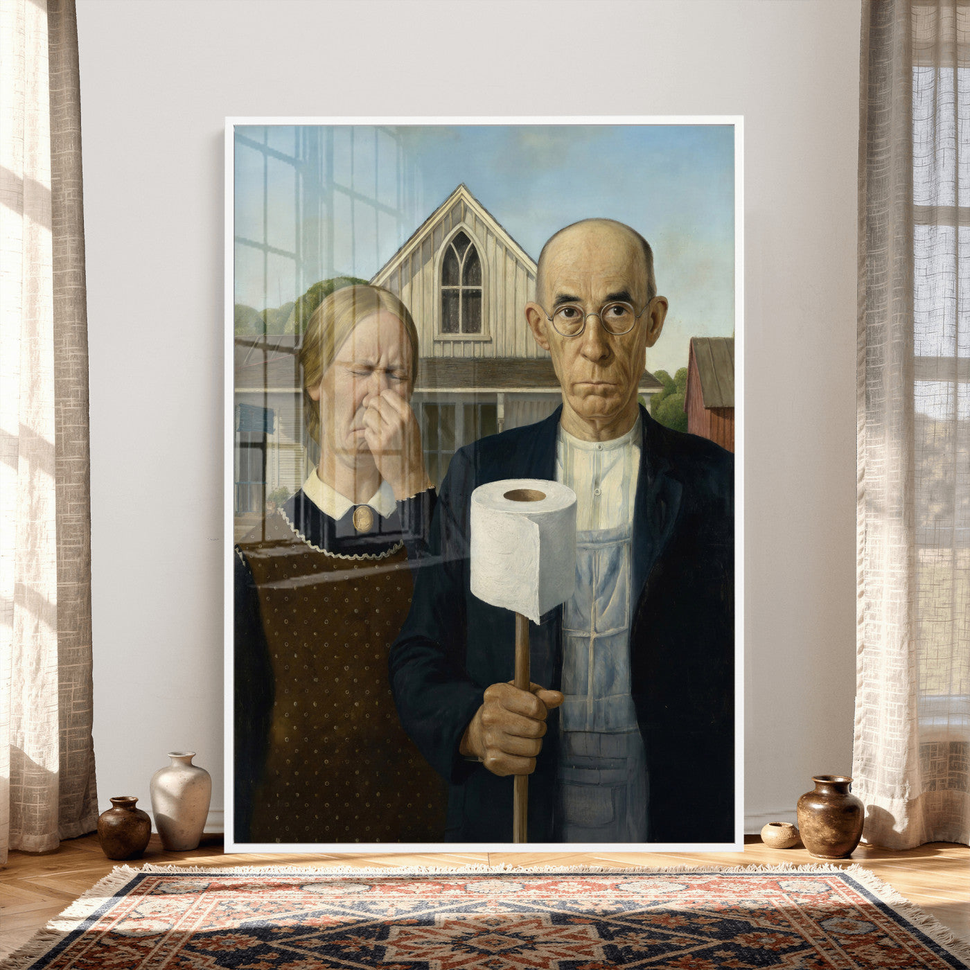 46805085-MGV-CV-24X36 - Funny Bathroom Canvas Wall Art, Grant Wood American Gothic Toilet Paper Parody Print, Humor Bathroom Decor, Classic Art Spoof, Quirky Housewarming Gift