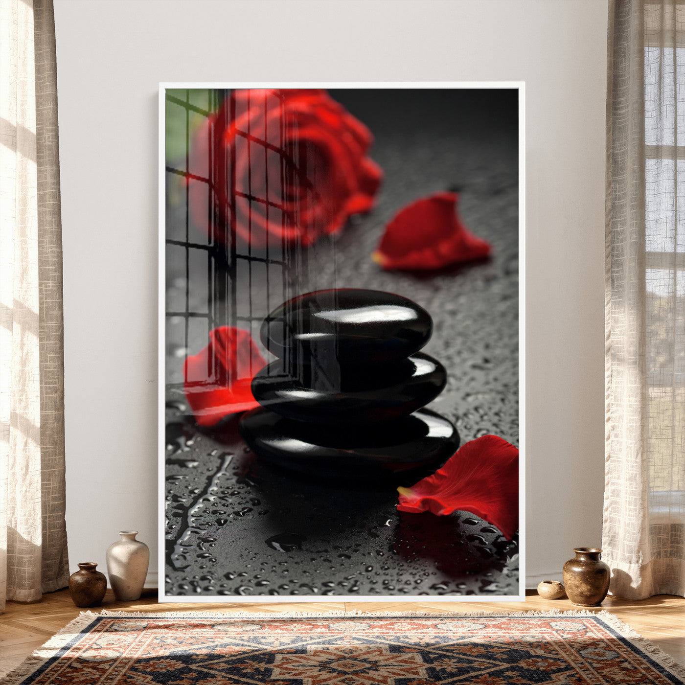 37334763-MGV-CV-24X36 - Black Lava Stone Rose Canvas | Red Rose Spa Photography Print | Stacked Stones Dark Luxury Wall Art | Dramatic Bathroom Decor