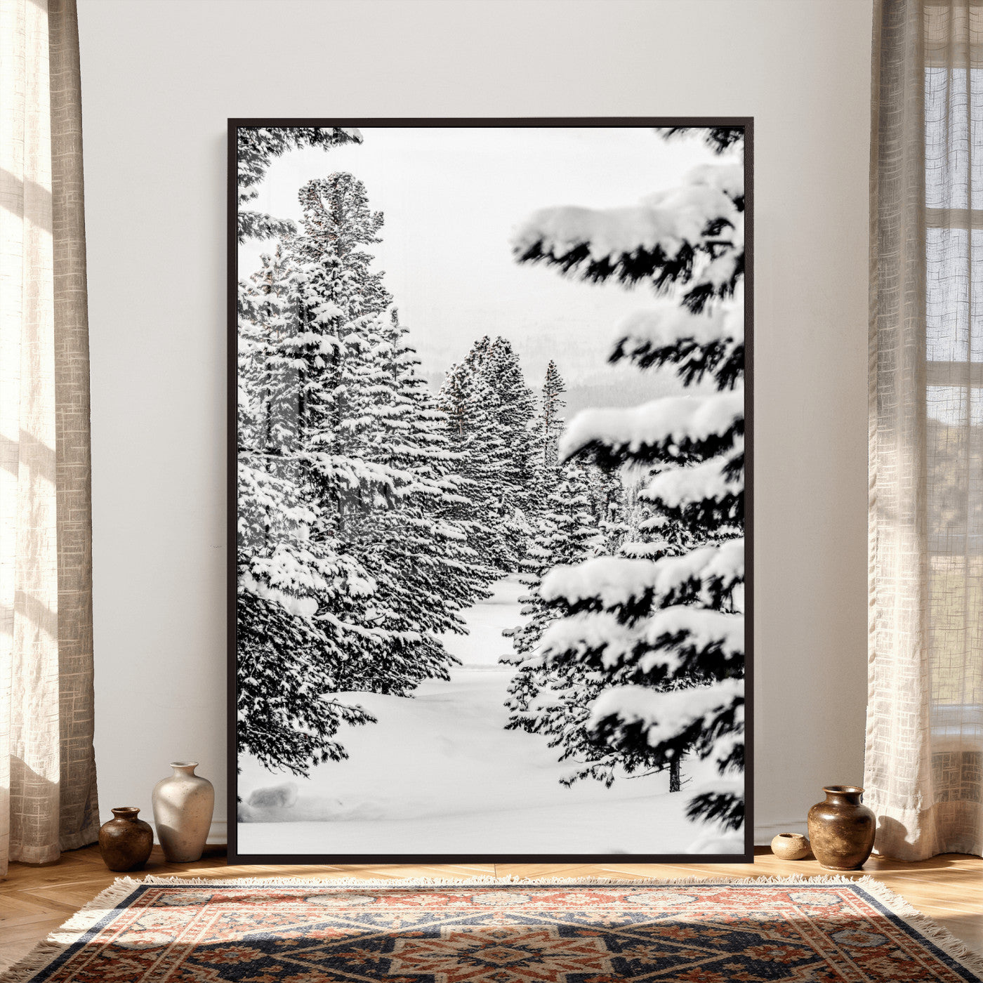 42534505-MGV-CV-24X36 - Snowy Pine Forest Wall Art Canvas Print, Minimal Winter Woodland Landscape, Black and White Nature Artwork