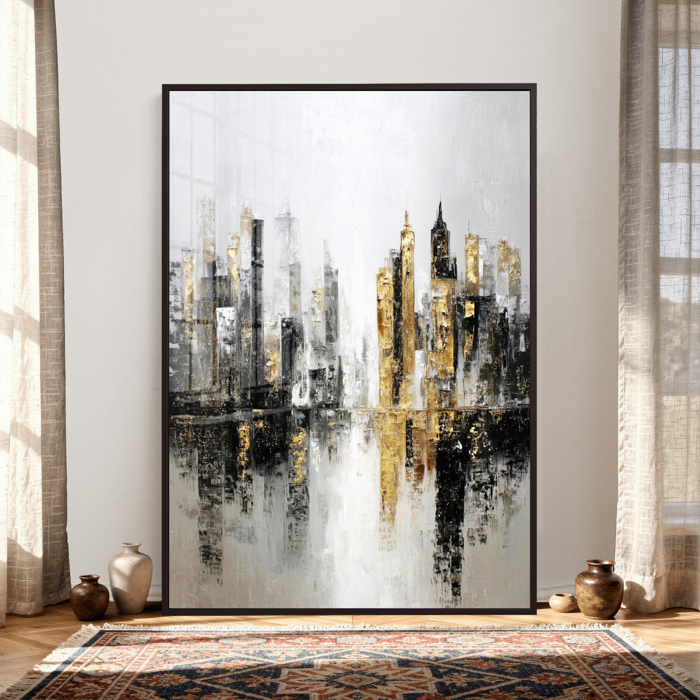 38126217-MGV-CV-24X36 - Abstract Urban Reflection Wall Art Canvas Print, Gold Black Modern Architecture Canvas Print, Contemporary Moody City Artwork for Living Room Decor