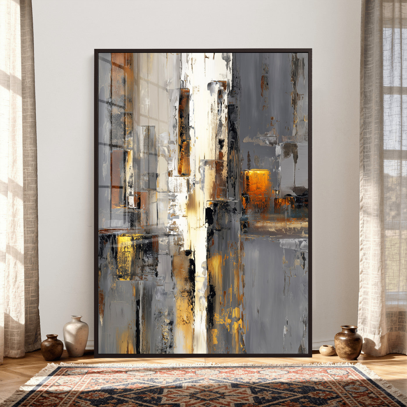 35992080-MGV-CV-24X36 - Abstract Urban Reflection Wall Art Canvas Print, Gold Black Modern Architecture Canvas Print, Contemporary Moody City Artwork for Living Room Decor