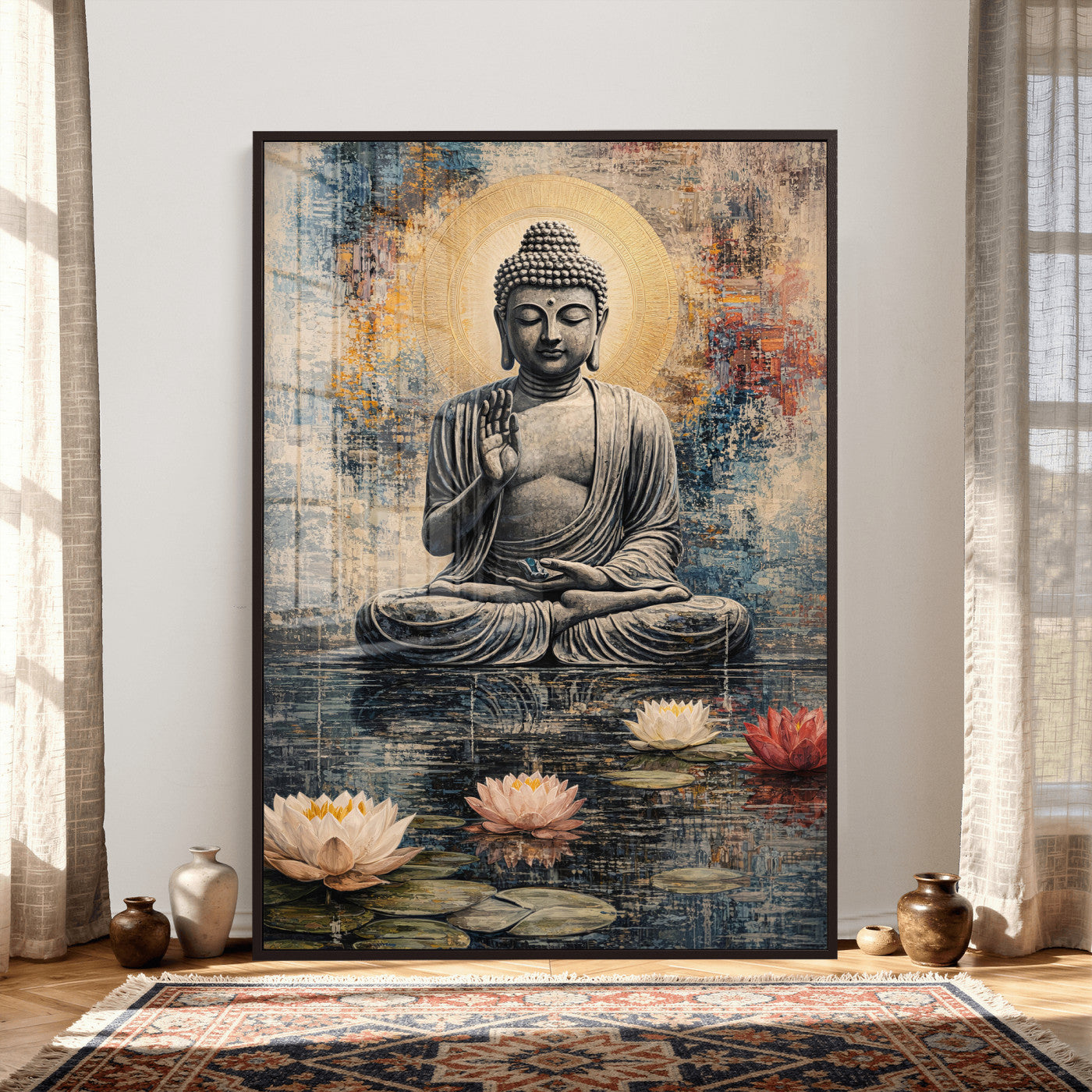 3812625445543-MGV-CV-24X36 - Serene Buddha with Lotus Flowers | Tranquil Meditation Art | Zen Wall Decor for Mindful Living Spaces | Spiritual Canvas Print