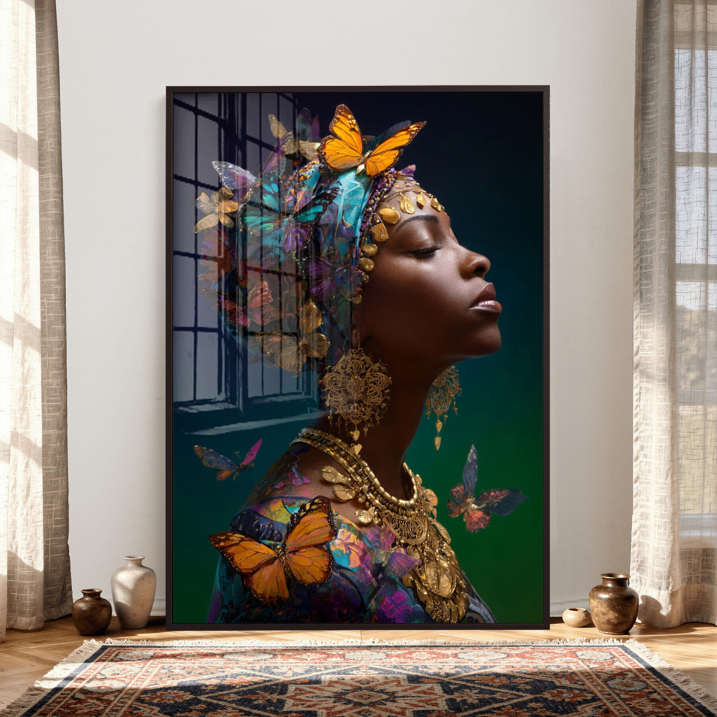 620930SZC0-MGV-CV-24X36 - Butterfly Crown Gold Woman Portrait — Monarch Queen Canvas Print | Teal Dark Fantasy Art | Boho Bedroom Wall Decor | Empowerment Gift Her