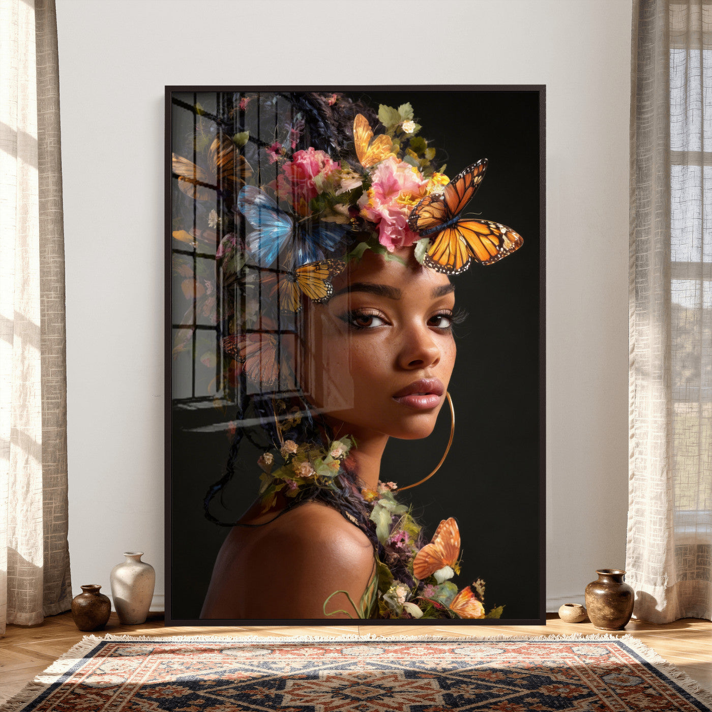 620930SZC10-MGV-CV-24X36 - Butterfly Crown Gold Woman Portrait — Monarch Queen Canvas Print | Teal Dark Fantasy Art | Boho Bedroom Wall Decor | Empowerment Gift Her