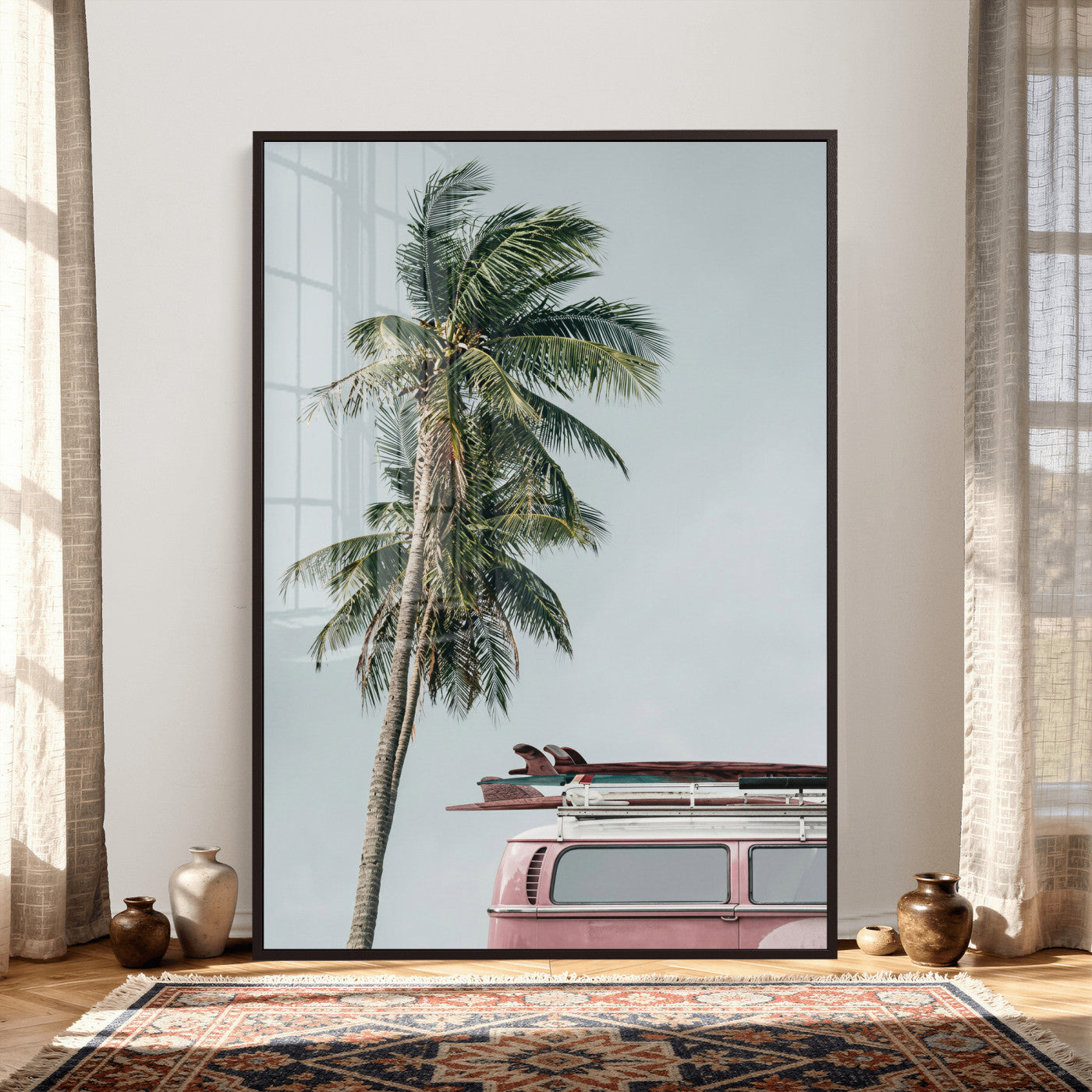 73117797-MGV-CV-24X36 - VW Van Palm Tree Canvas Wall Art, Pink Camper Surfboards Beach Print, Retro Surf Photography Decor, Coastal Boho Wall Art, Surfer Gift Idea