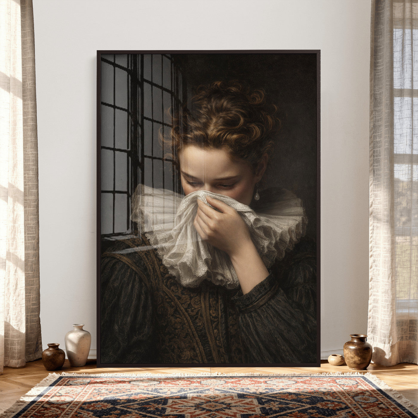 62652430-MGV-CV-24X36 - Baroque Portrait Canvas Wall Art, Flemish Woman with Lace Collar Print for Bathroom Wall Art, Funny Toilet Decor, Renaissance Style Portrait, Moody Vintage Wall Art
