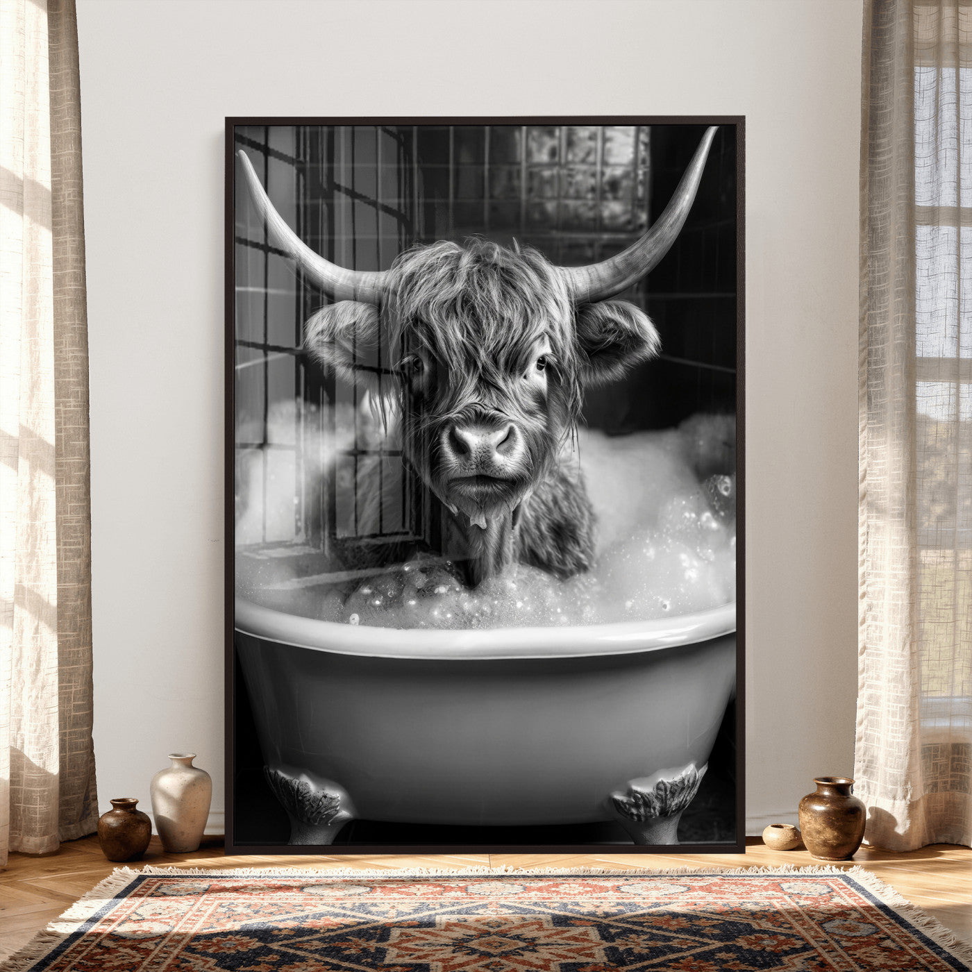 44020264-MGV-CV-24X36 - Highland Cow Bathtub Canvas Wall Art, Funny Bathroom Print Black White, Grumpy Cow Bubble Bath Decor, Animal Bathroom Art, Farmhouse Humor Print, Cute Cow Gift