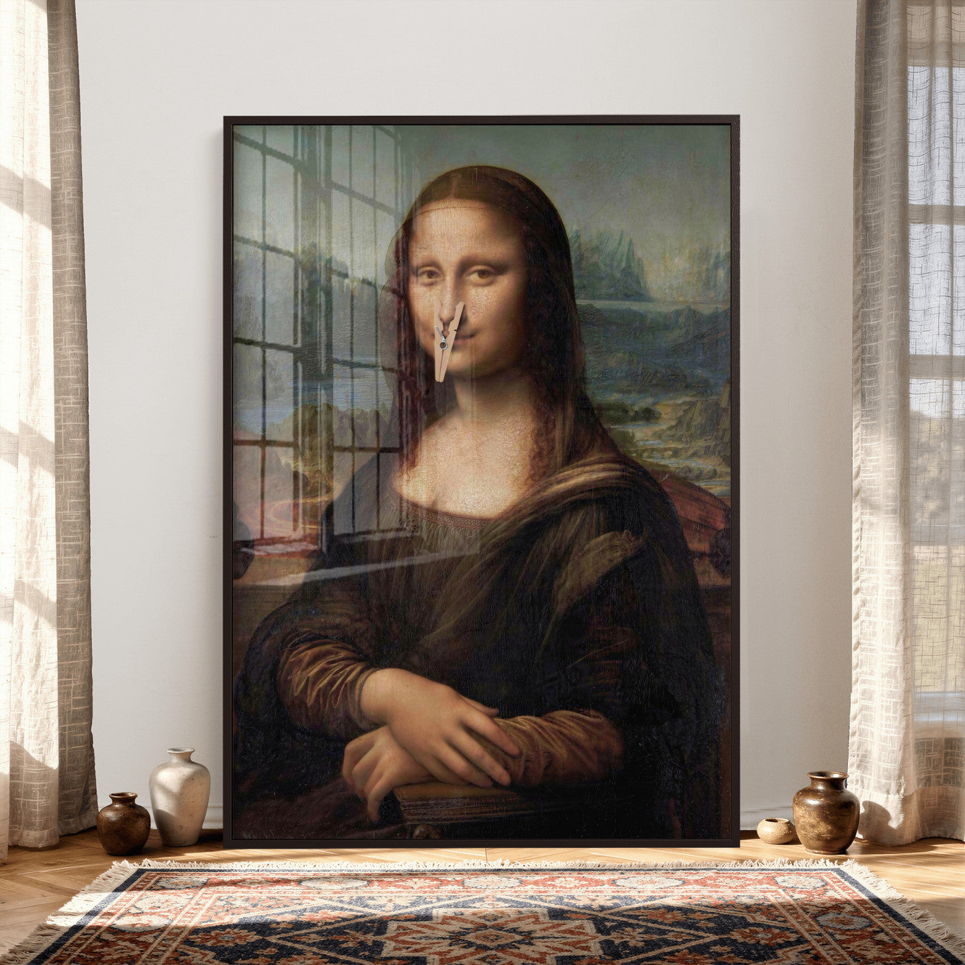 59125950-MGV-CV-24X36 - Funny Bathroom Canvas Wall Art Print, Mona Lisa Clothespin Nose Humor Decor, Classic Art Parody, Toilet Room Wall Art, Quirky Housewarming Gift, Eclectic Home Decor