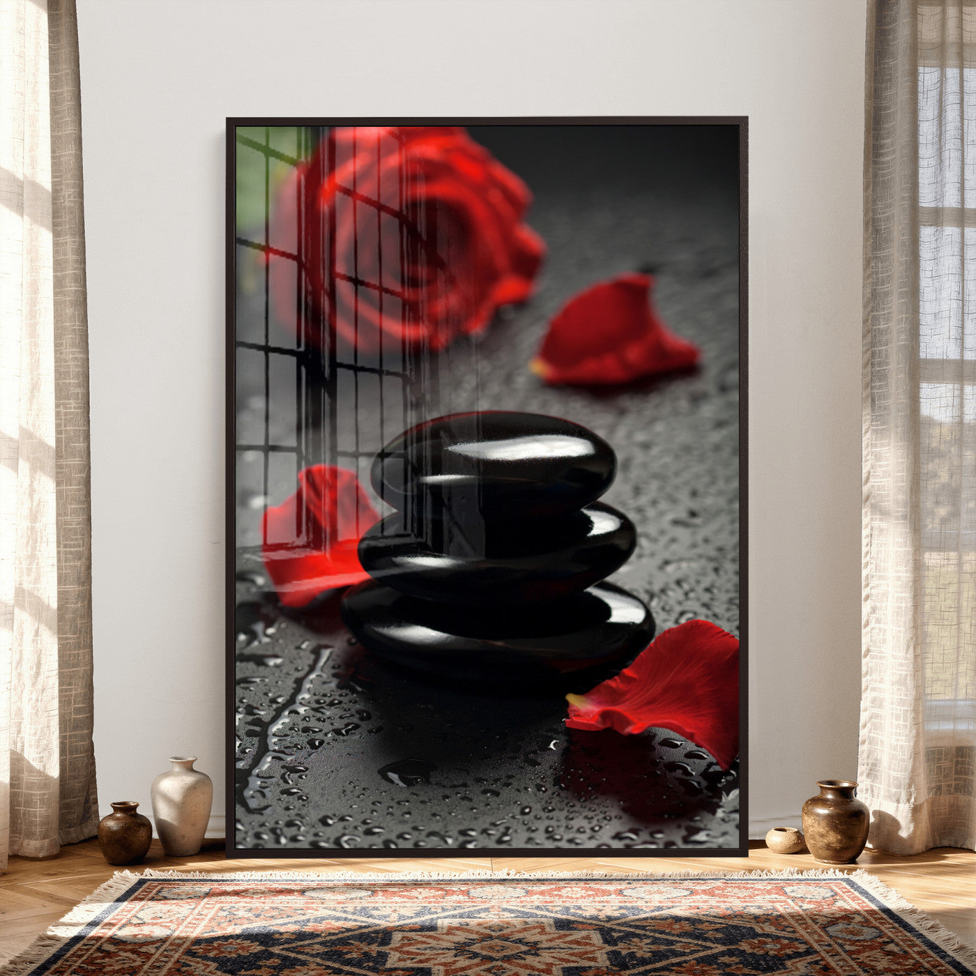37334763-MGV-CV-24X36 - Black Lava Stone Rose Canvas | Red Rose Spa Photography Print | Stacked Stones Dark Luxury Wall Art | Dramatic Bathroom Decor