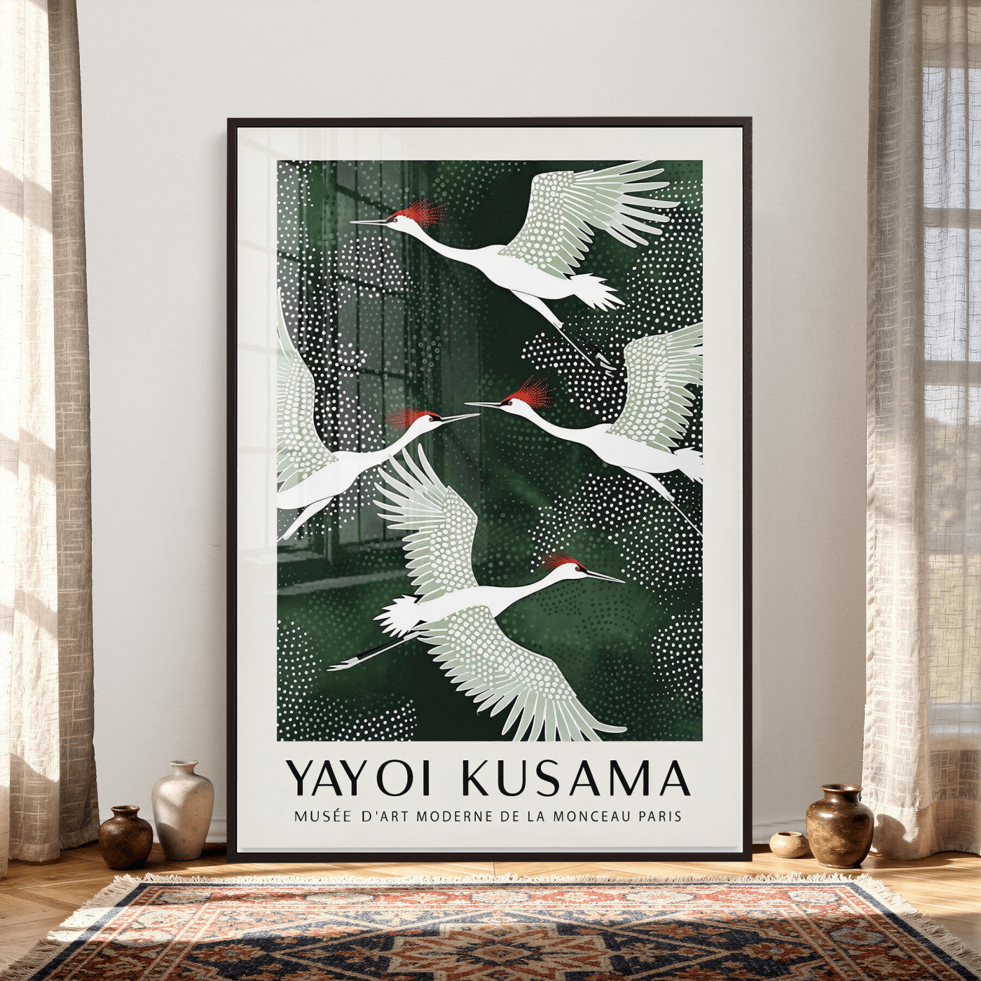 63036906-MGV-CV-24X36 - Yayoi Kusama Crane Bird Wall Art Canvas Print, Japanese Inspired Flying Heron Framed Artwork, Green Botanical Nature Decor for Living Room Bedroom Office