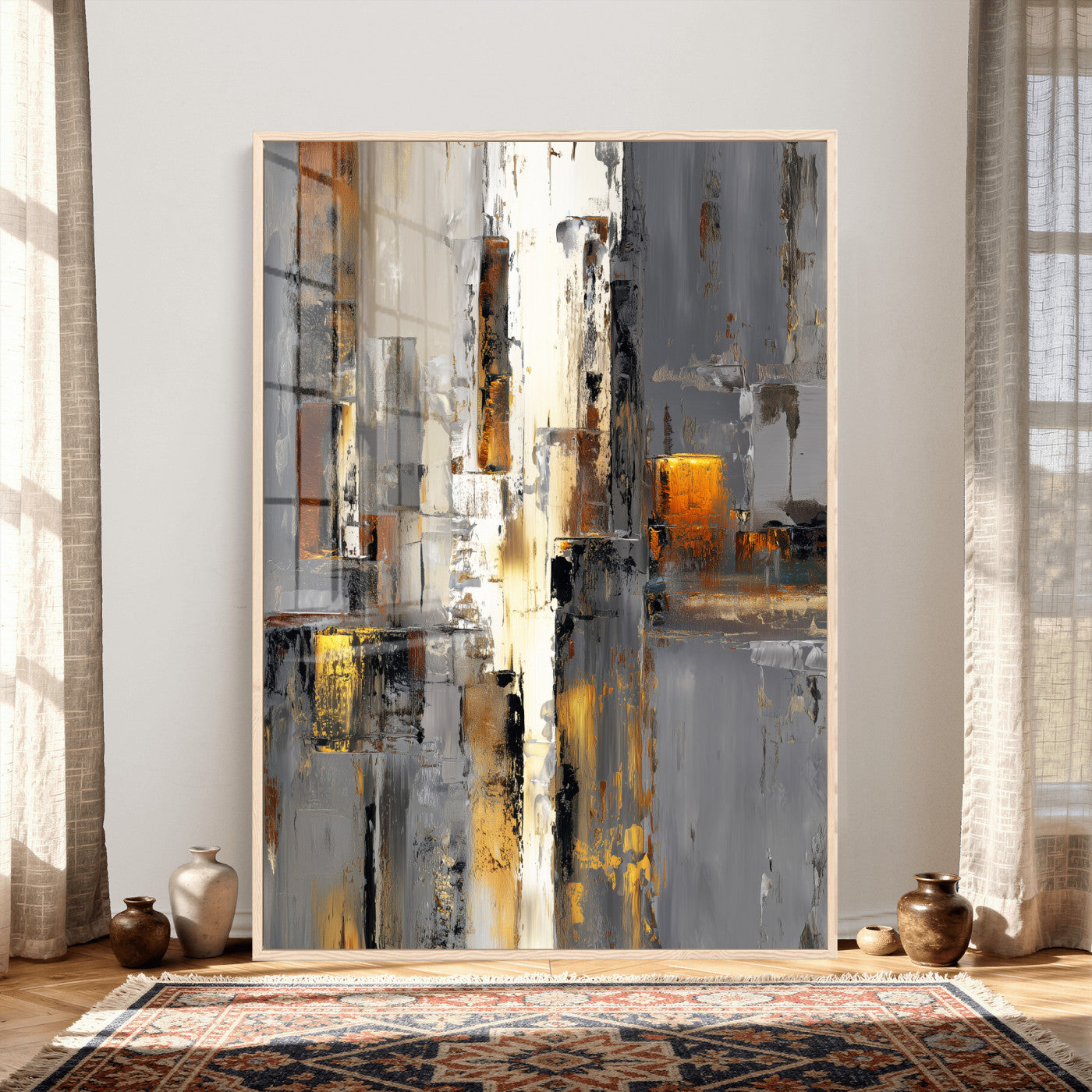 35992080-MGV-CV-24X36 - Abstract Urban Reflection Wall Art Canvas Print, Gold Black Modern Architecture Canvas Print, Contemporary Moody City Artwork for Living Room Decor