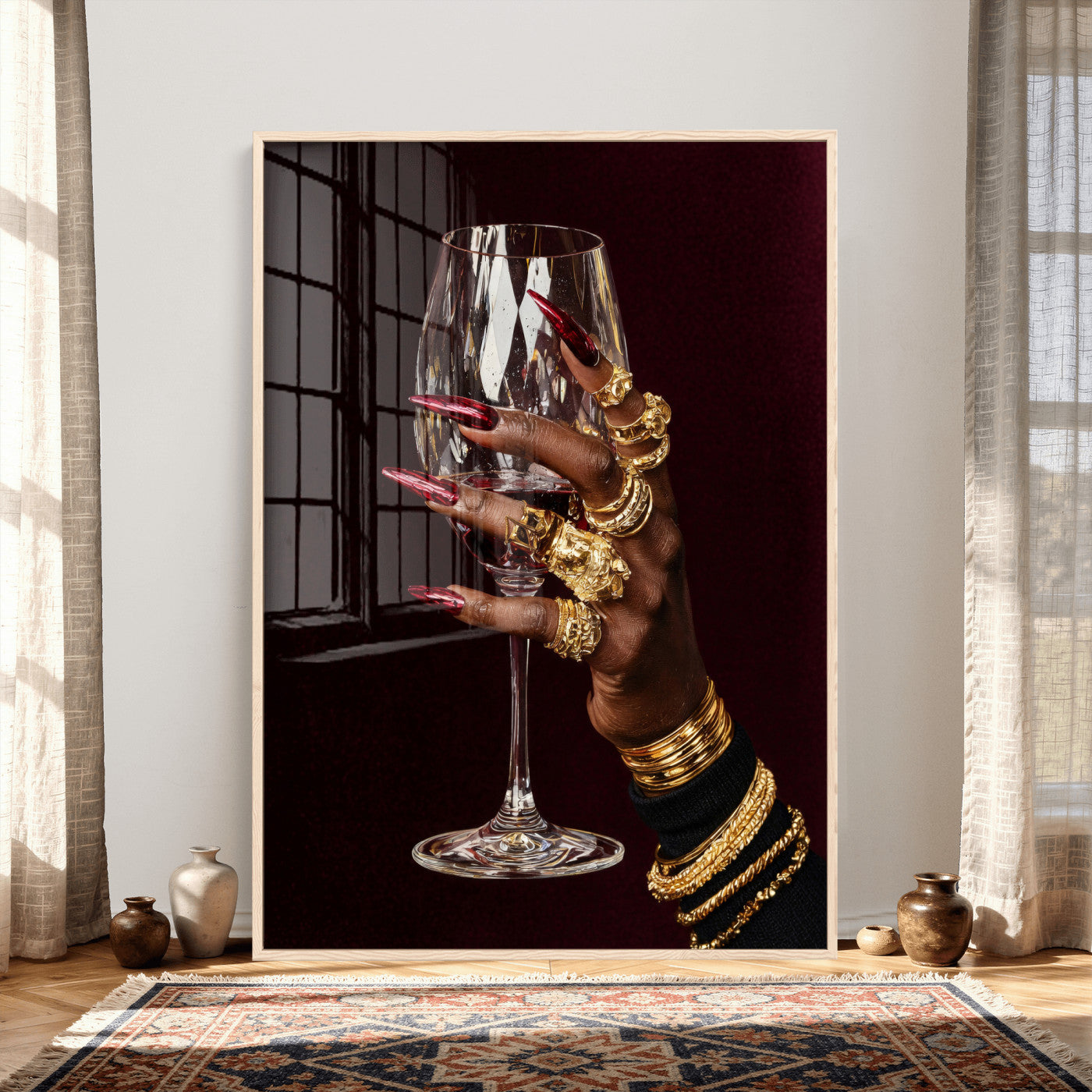 8151788Y6-MGV-CV-24X36 - Black Woman Holding Elegant Wine Glass Art, Black Girl Art, Black Woman Art, Trendy Black Girl Wall Art