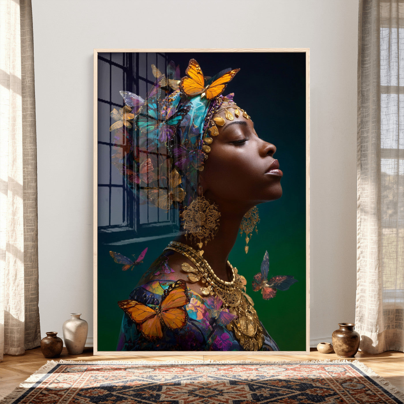 620930SZC0-MGV-CV-24X36 - Butterfly Crown Gold Woman Portrait — Monarch Queen Canvas Print | Teal Dark Fantasy Art | Boho Bedroom Wall Decor | Empowerment Gift Her