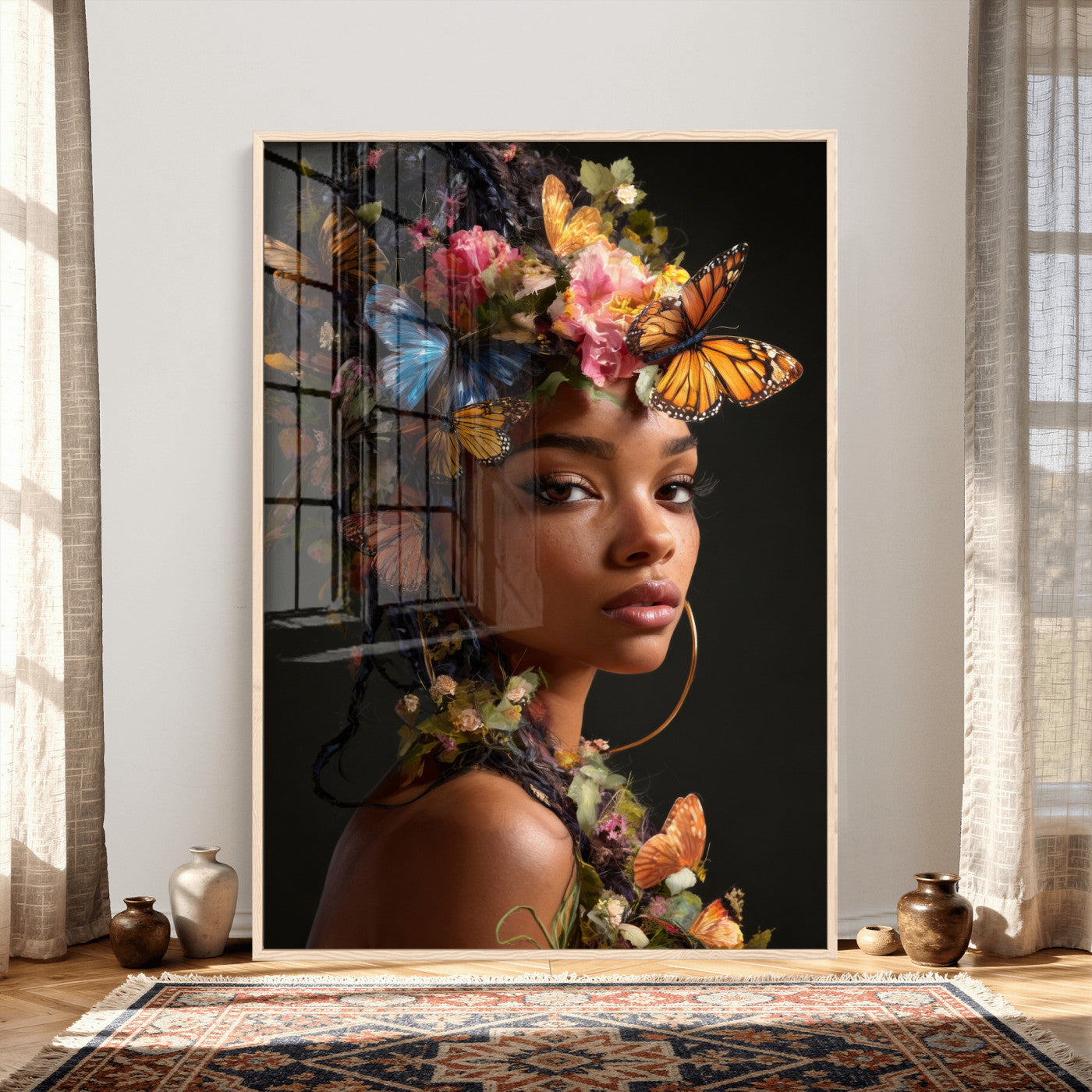 620930SZC10-MGV-CV-24X36 - Butterfly Crown Gold Woman Portrait — Monarch Queen Canvas Print | Teal Dark Fantasy Art | Boho Bedroom Wall Decor | Empowerment Gift Her