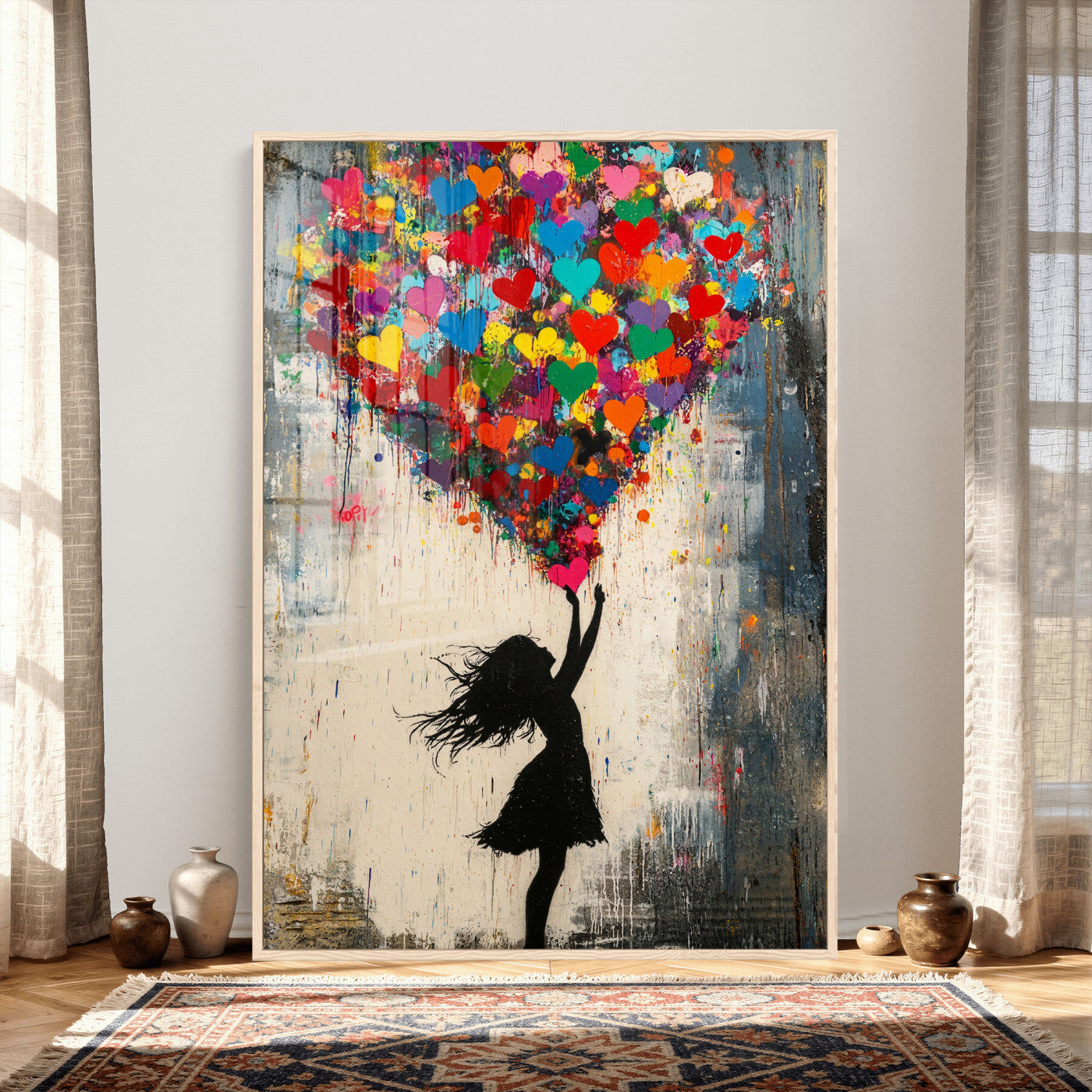 36253538-MGV-CV-24X36 - Banksy Street Art Canvas Wall Art, Girl Heart Balloons Banksy Style Print, Colorful Graffiti Love Decor, Urban Pop Art, Kids Room Inspirational Wall Art