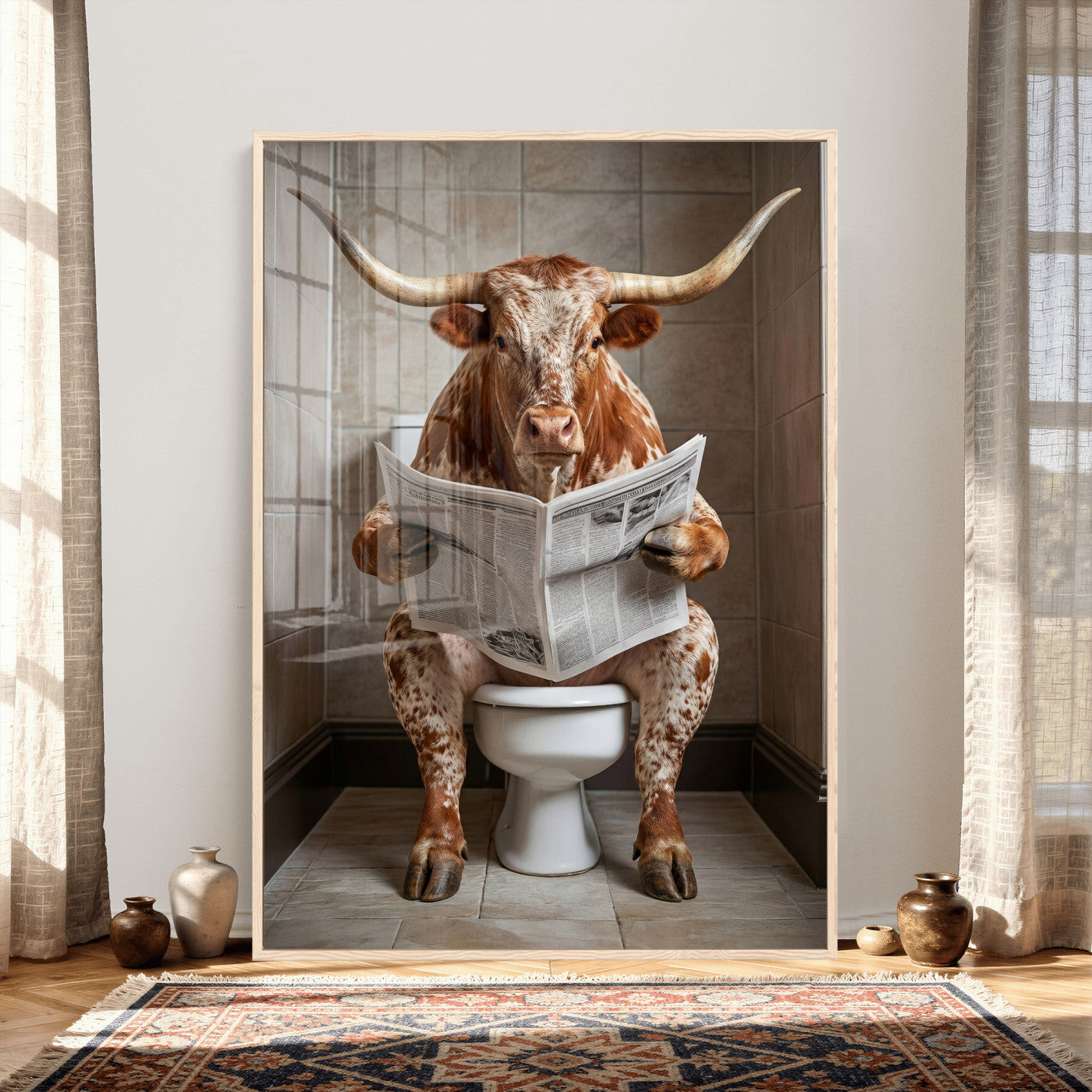 17728527-MGV-CV-24X36 - Funny Bathroom Canvas Wall Art, Texas Longhorn on Toilet Reading Newspaper, Humor Animal Print, Farmhouse Bathroom Decor, Quirky Cow Gift, Toilet Room Art