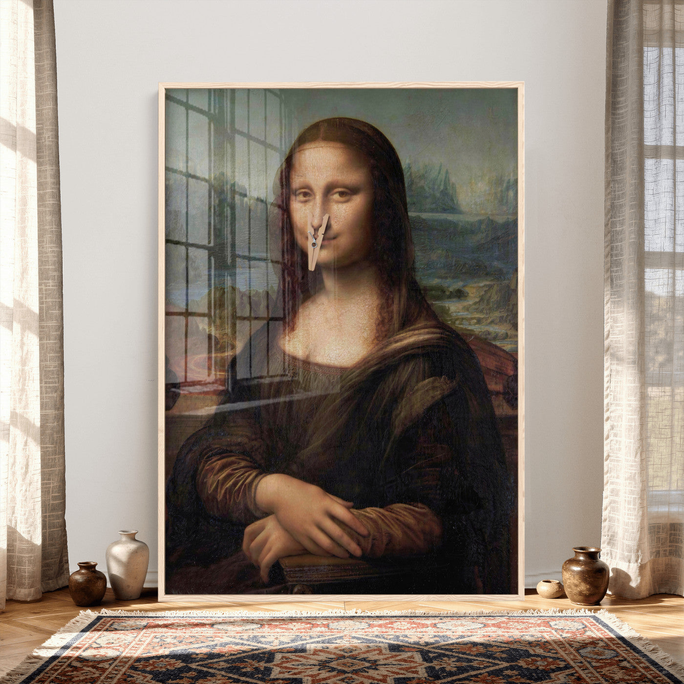 59125950-MGV-CV-24X36 - Funny Bathroom Canvas Wall Art Print, Mona Lisa Clothespin Nose Humor Decor, Classic Art Parody, Toilet Room Wall Art, Quirky Housewarming Gift, Eclectic Home Decor