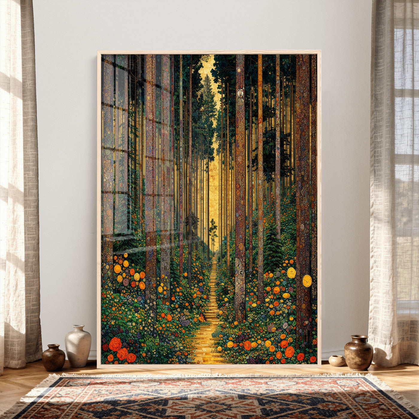 14391546-MGV-CV-24X36 - Gustav Klimt Style Forest Canvas Wall Art, Golden Forest Path Floral Art Nouveau Print, Enchanted Woodland Decor, Maximalist Colorful Nature Art