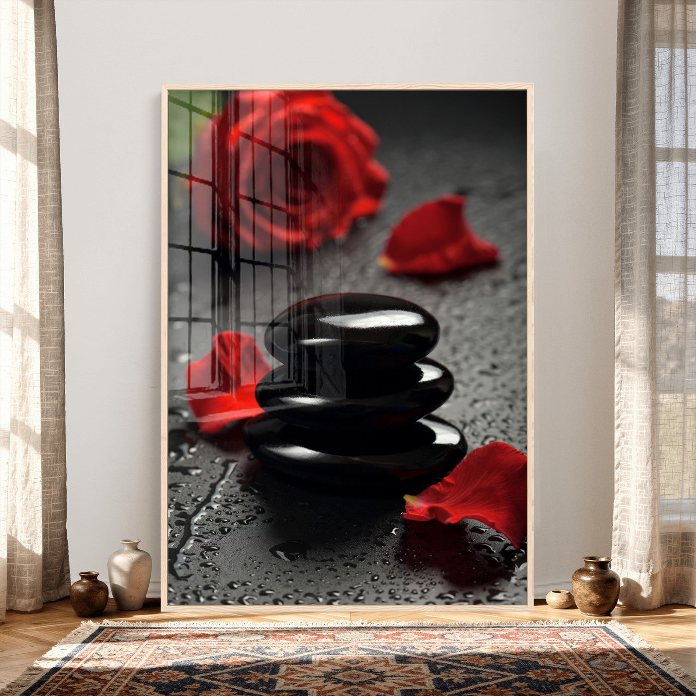 37334763-MGV-CV-24X36 - Black Lava Stone Rose Canvas | Red Rose Spa Photography Print | Stacked Stones Dark Luxury Wall Art | Dramatic Bathroom Decor