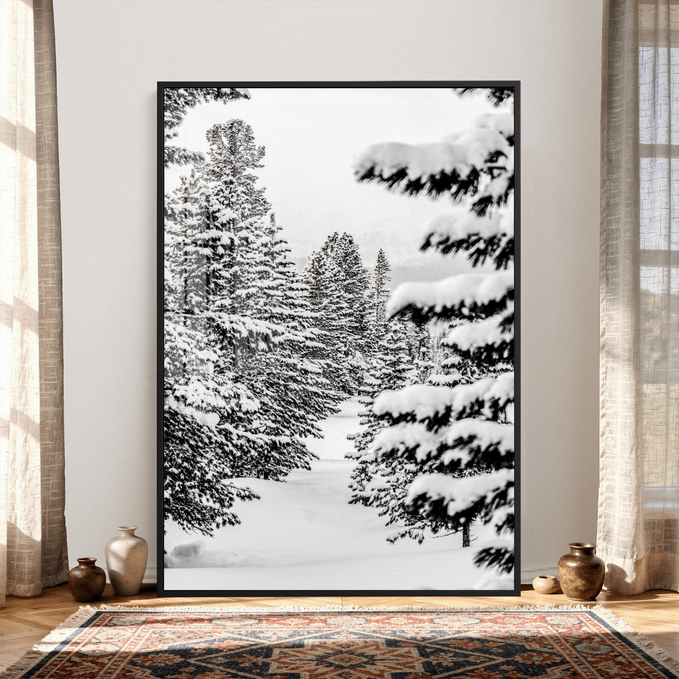 42534505-MGV-CV-24X36 - Snowy Pine Forest Wall Art Canvas Print, Minimal Winter Woodland Landscape, Black and White Nature Artwork