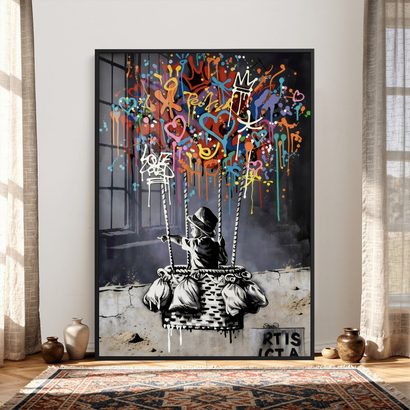 56325542-MGV-CV-24X36 - Banksy Inspired Boy Swing Wall Art Canvas Print, Graffiti Balloon Hearts Street Art, Colorful Urban Mural Artwork for Modern Living Room Decor