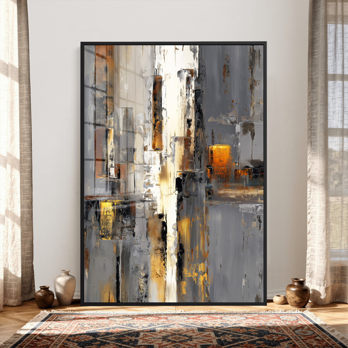 35992080-MGV-CV-24X36 - Abstract Urban Reflection Wall Art Canvas Print, Gold Black Modern Architecture Canvas Print, Contemporary Moody City Artwork for Living Room Decor