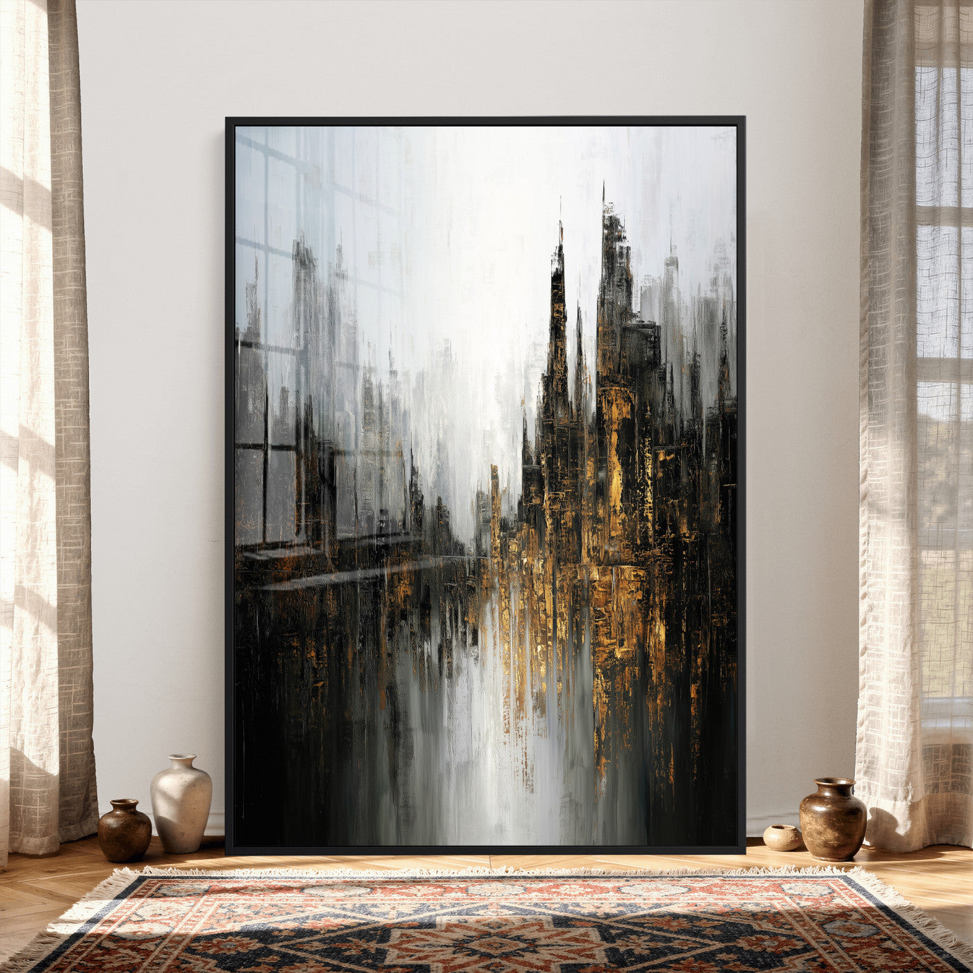 39629486-MGV-CV-24X36 - Abstract Urban Reflection Wall Art Canvas Print, Gold Black Modern Architecture Canvas Print, Contemporary Moody City Artwork for Living Room Decor