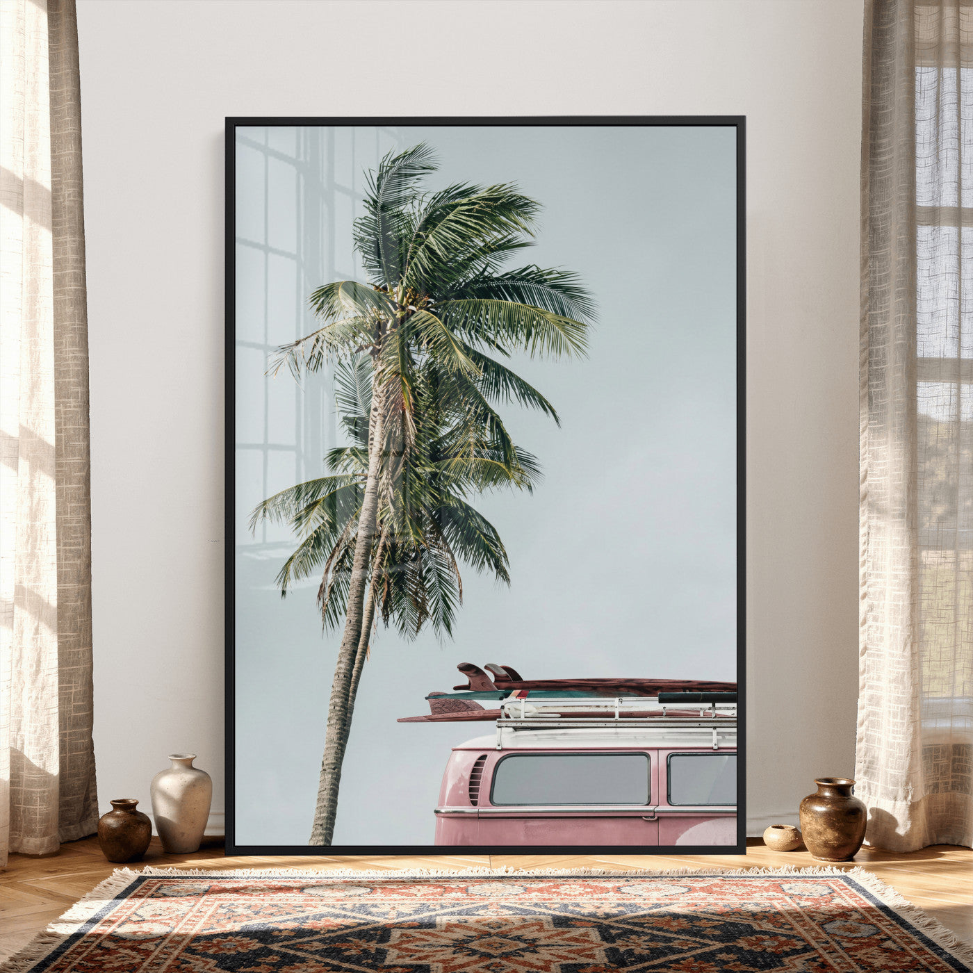 73117797-MGV-CV-24X36 - VW Van Palm Tree Canvas Wall Art, Pink Camper Surfboards Beach Print, Retro Surf Photography Decor, Coastal Boho Wall Art, Surfer Gift Idea