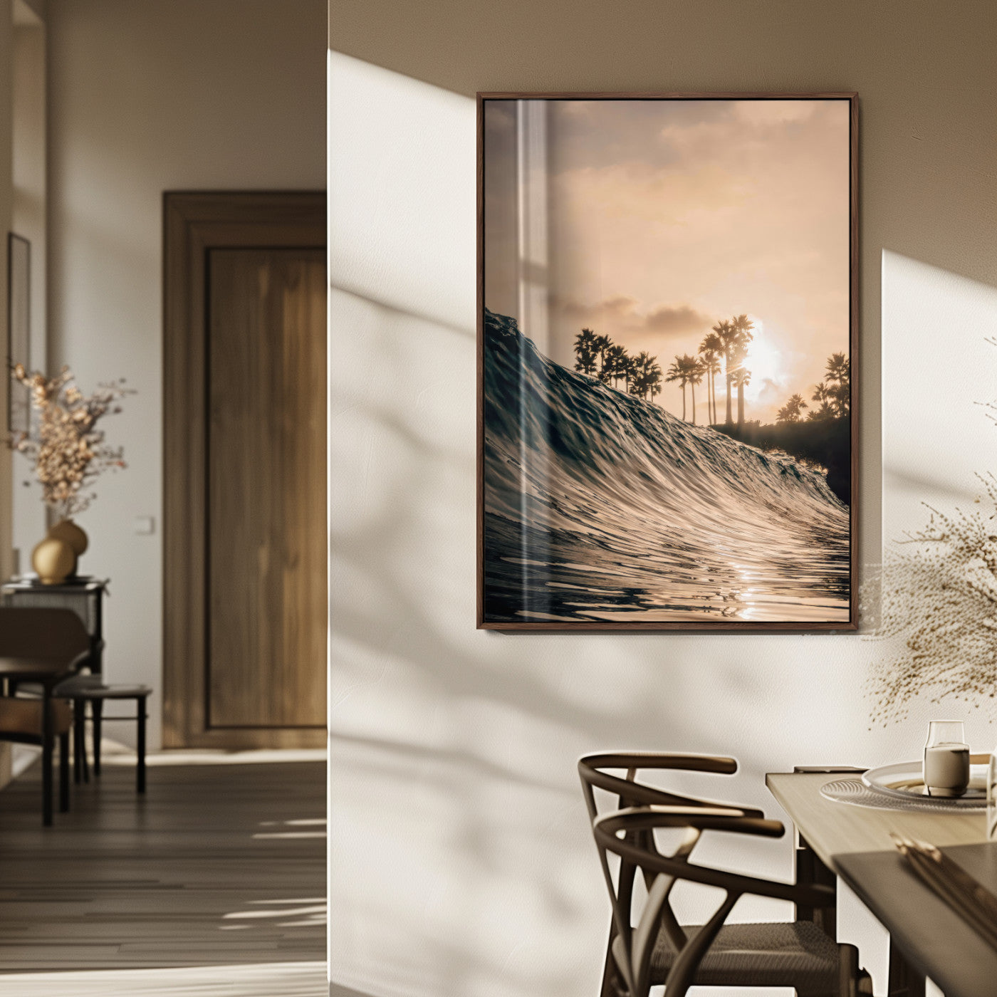 50270635-MGV-FP-48X32-3P_Walnut-Golden Hour Ocean Wave Wall Art Canvas Print – Framed Tropical Beach Sunset Palm Silhouette Coastal Artwork for Home Office