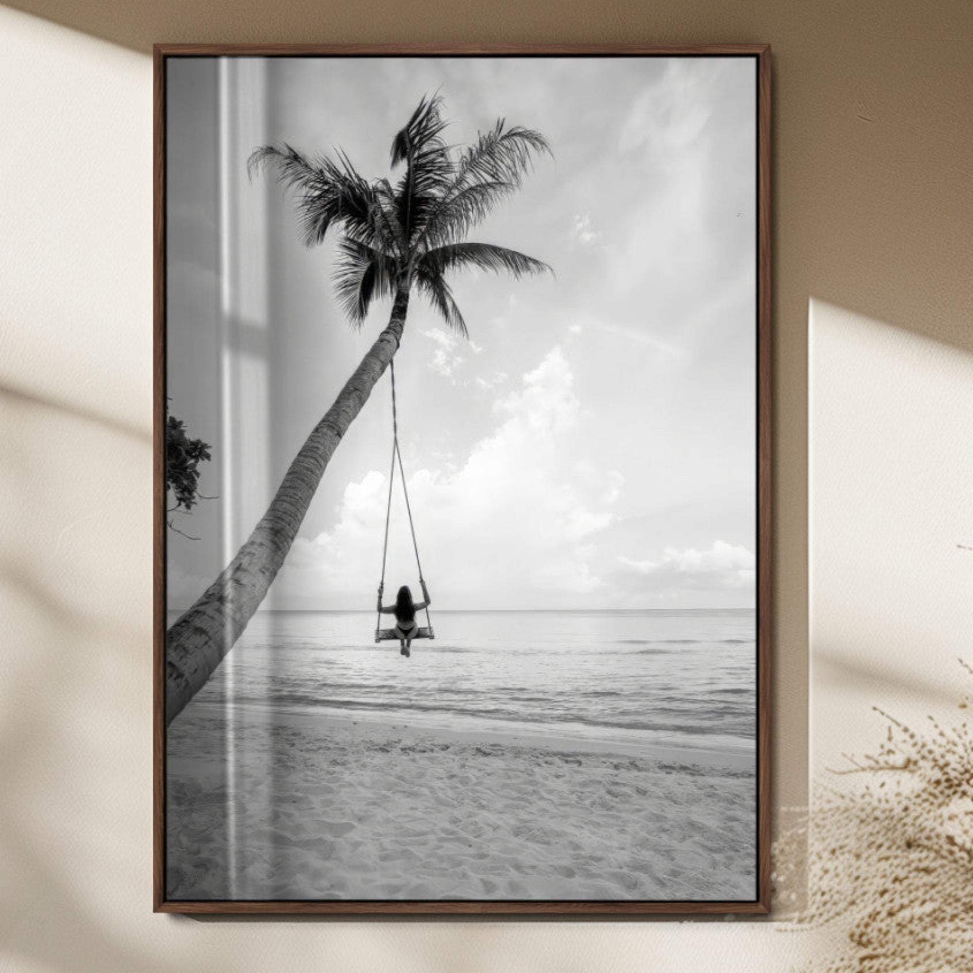 78460277-MGV-FP-48X32-3P_Walnut-Black White Palm Tree Wall Art Canvas Print – Framed Minimalist Beach Swing Monochrome Coastal Artwork for Home Office