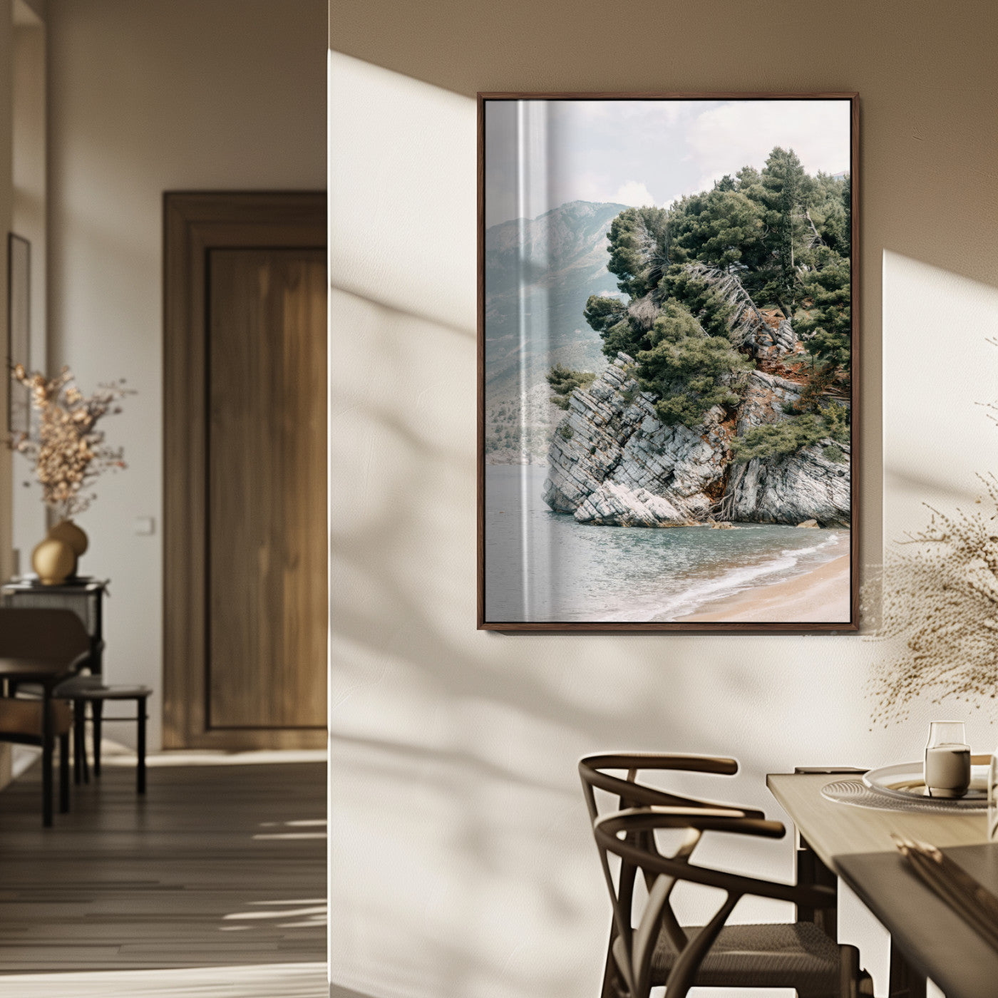28003346-MGV-FP-48X32-3P_Walnut-Beach Trees Wall Art Canvas Print, Framed Earthy Beachside Art Picture Print, Beachside Nature Perfect Rustic Coastal Decor Artwork