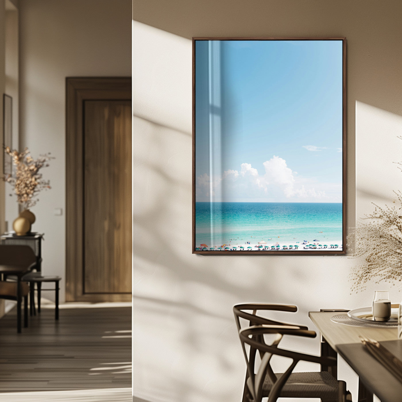 62954953-MGV-FP-48X32-3P_Walnut-Turquoise Ocean Wall Art Canvas Print – Framed Coastal Serenity White Sand Beach Artwork for Home Office