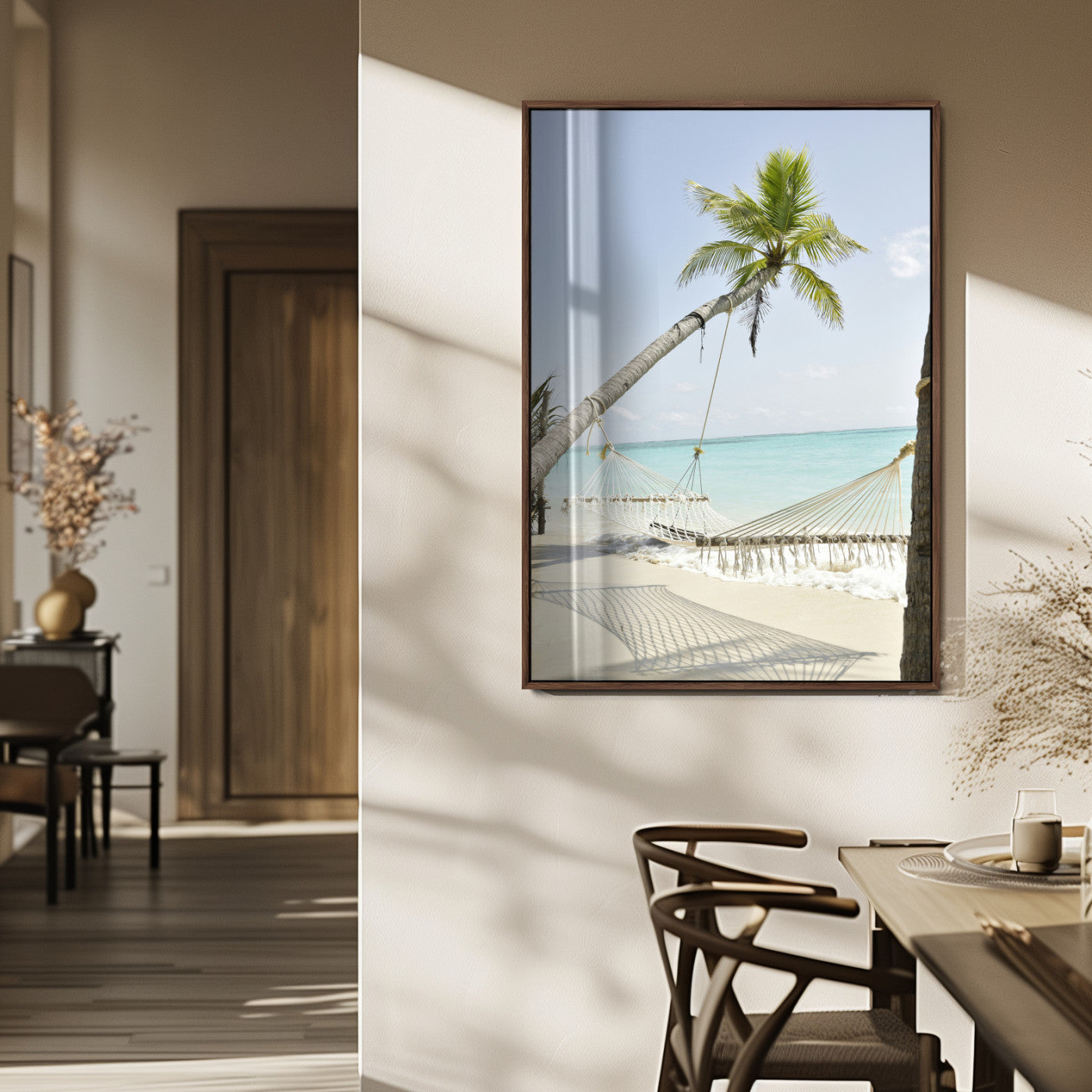 39927211-MGV-FP-48X32-3P_Walnut-Beach Hammock Wall Art Canvas Print – Framed Tropical Paradise Coastal Serenity Artwork for Home Office