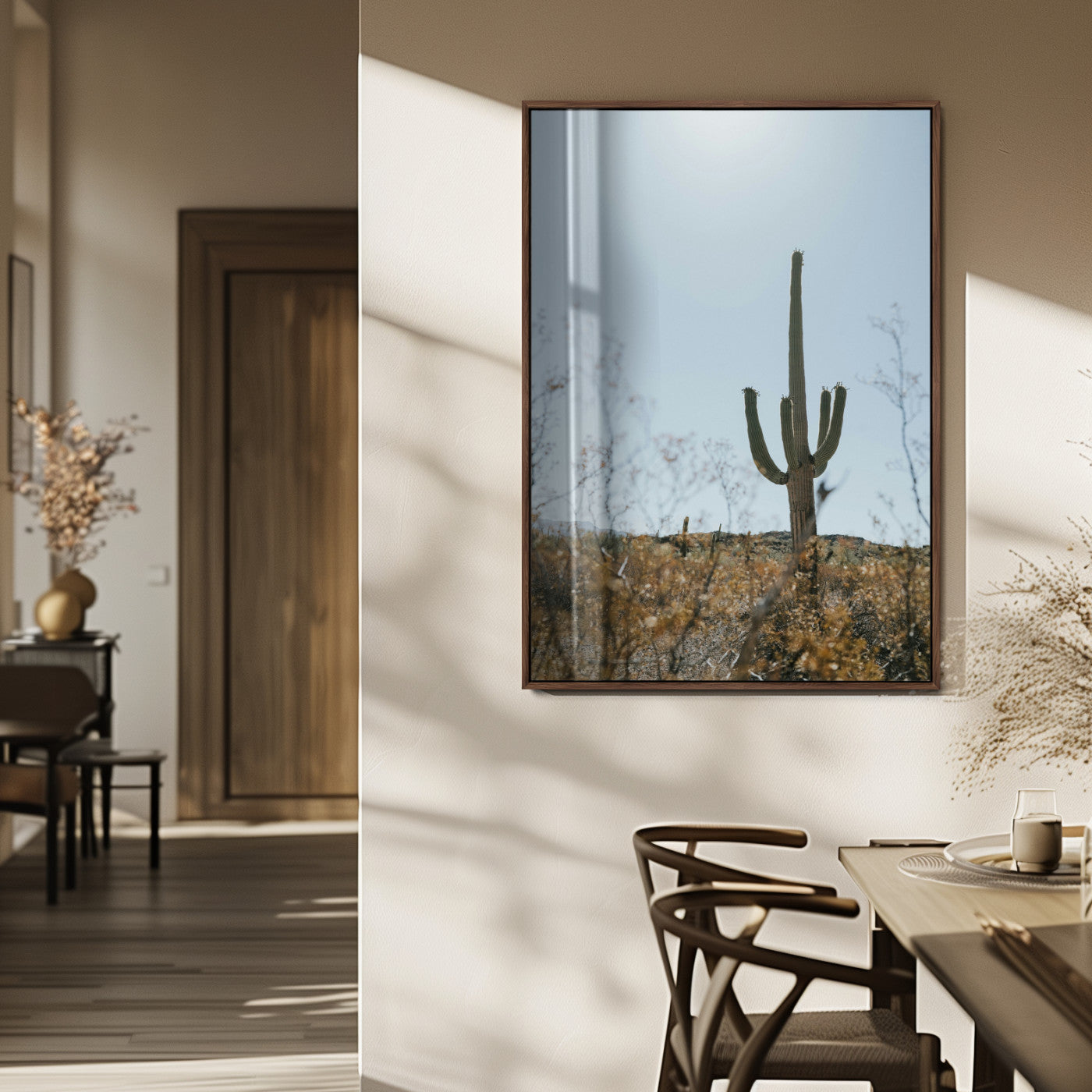 72537171-MGV-FP-48X32-3P_Walnut-Saguaro Cactus Wall Art Canvas Print – Framed Southwestern Desert Landscape Nature Scene Artwork for Home Office