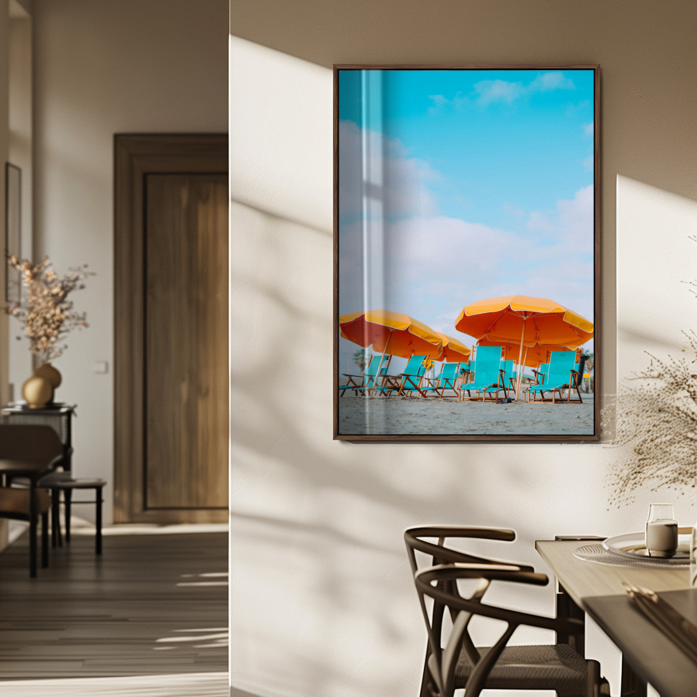 20422711-MGV-FP-48X32-3P_Walnut-Beach Umbrellas Wall Art Canvas Print – Framed Tropical Coastal Paradise Nature Scene Artwork for Home Office