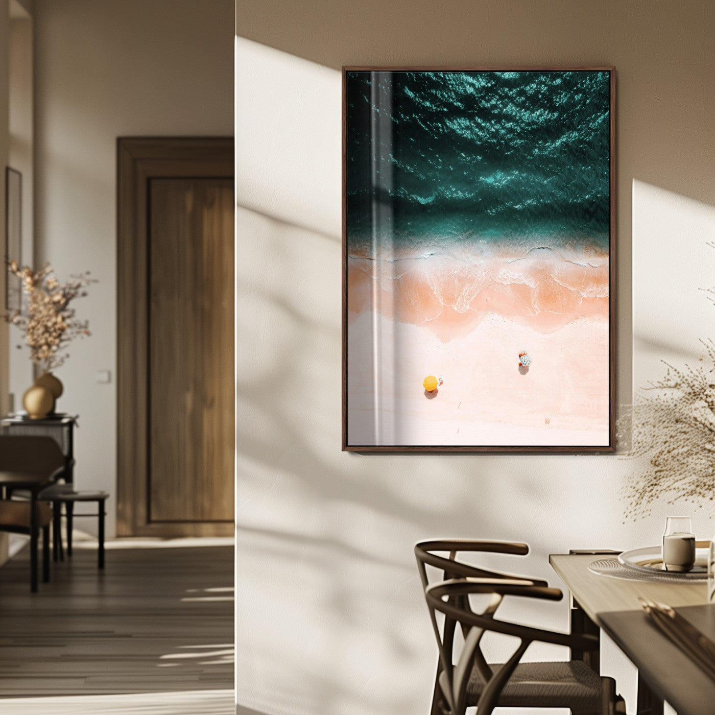 44468317-MGV-FP-48X32-3P_Walnut-Aerial Serenity Wall Art Canvas Print – Gentle Waves Peach Shore Yellow Umbrella Peaceful Beach Coastal Decor Artwork for Home