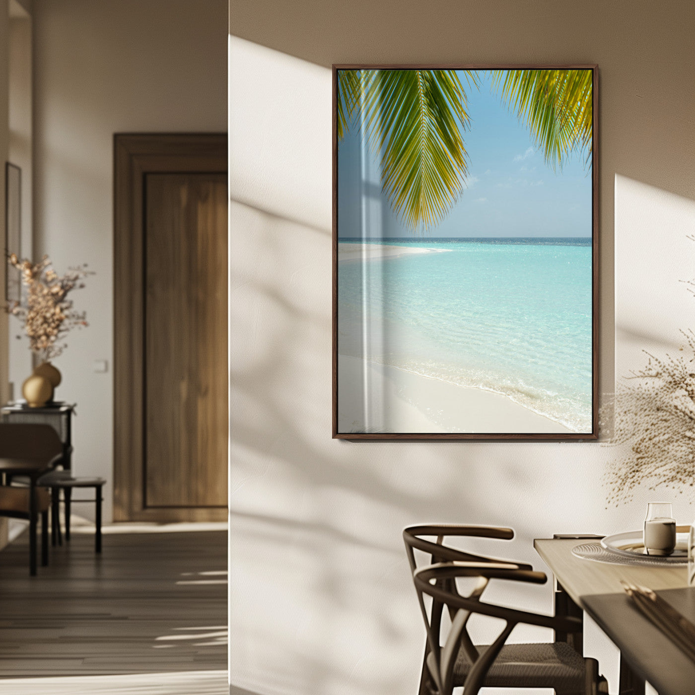 90359351-MGV-FP-48X32-3P_Walnut-Azure Water Wall Art Canvas Print – Tranquil Island Escape Clear Blue Ocean Minimalist Coastal Artwork for Home, Office