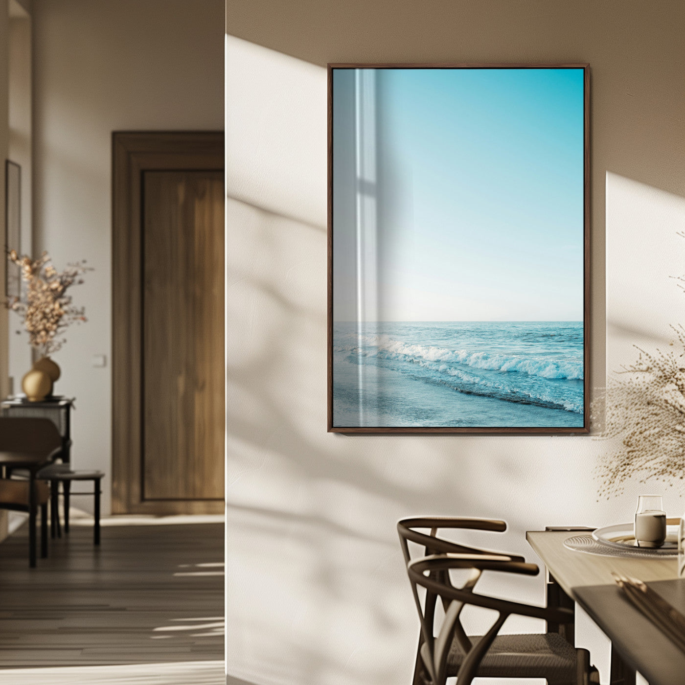 20189712-MGV-FP-48X32-3P_Walnut-Minimalist Ocean Wall Art Canvas Print – Framed Calm Seascape Soft Blue Tones Nature Scene Artwork for Home Office