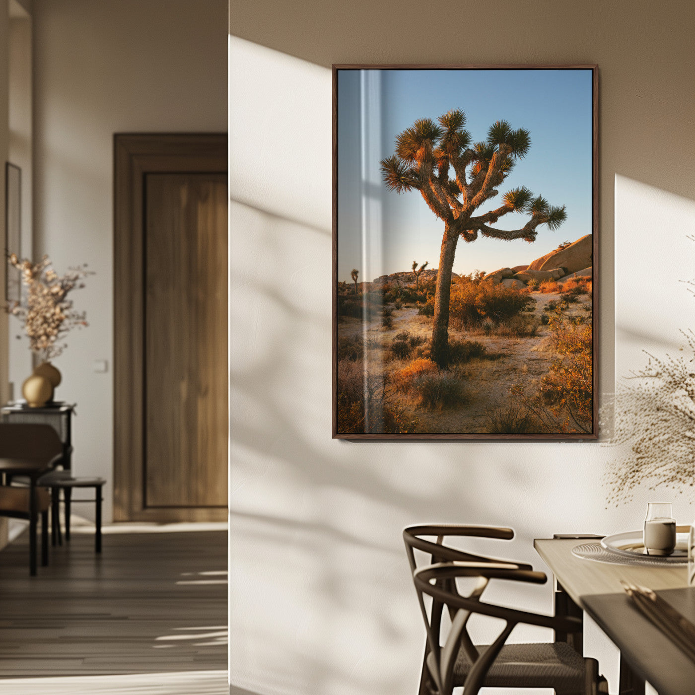 96503558-MGV-FP-48X32-3P_Walnut-Joshua Tree Wall Art Canvas Print – Framed Desert Sunset Golden Hour Light Southwestern Boho Nature Artwork for Home, Office