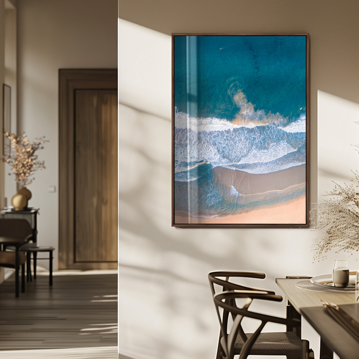 97740681-MGV-FP-48X32-3P_Walnut-Aerial Beach View Wall Art Canvas Print – Framed Ocean Waves Coastal Serenity Minimalist Seascape Artwork for Home, Office