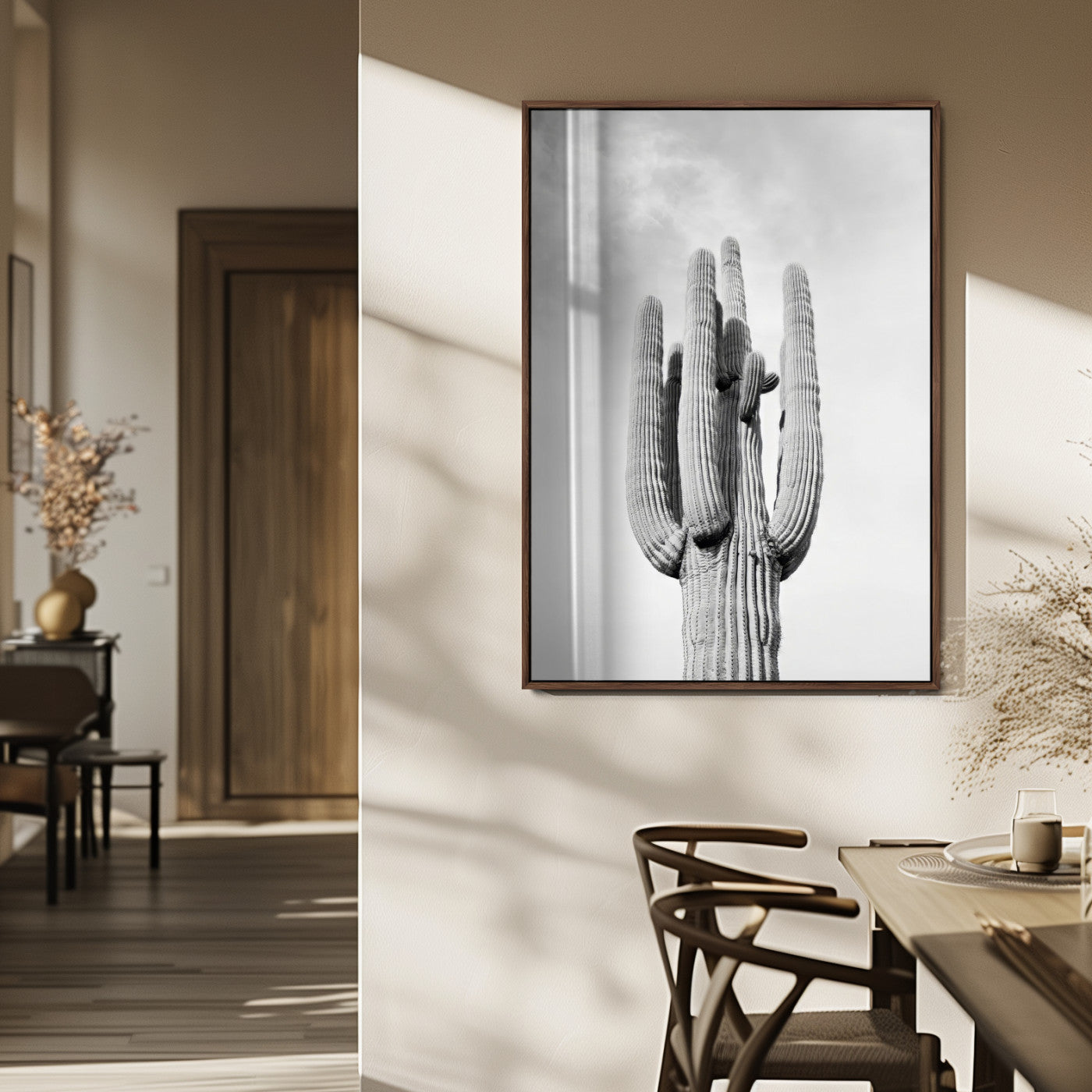 96094346-MGV-FP-48X32-3P_Walnut-Saguaro Cactus Wall Art – Black and White Desert Landscape Canvas Print, Modern Minimalist Nature Decor for Home, Office