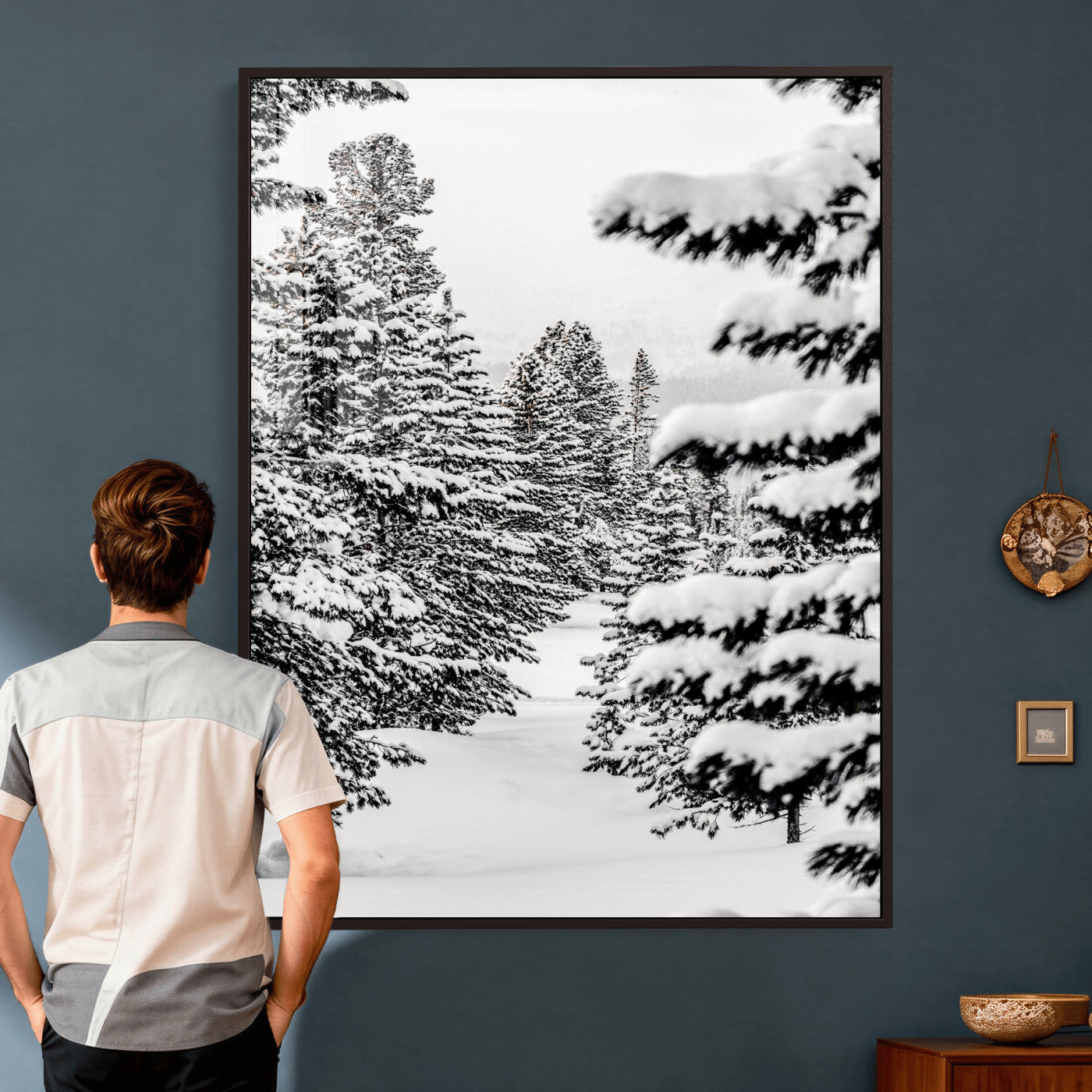 42534505-MGV-CV-24X36 - Snowy Pine Forest Wall Art Canvas Print, Minimal Winter Woodland Landscape, Black and White Nature Artwork