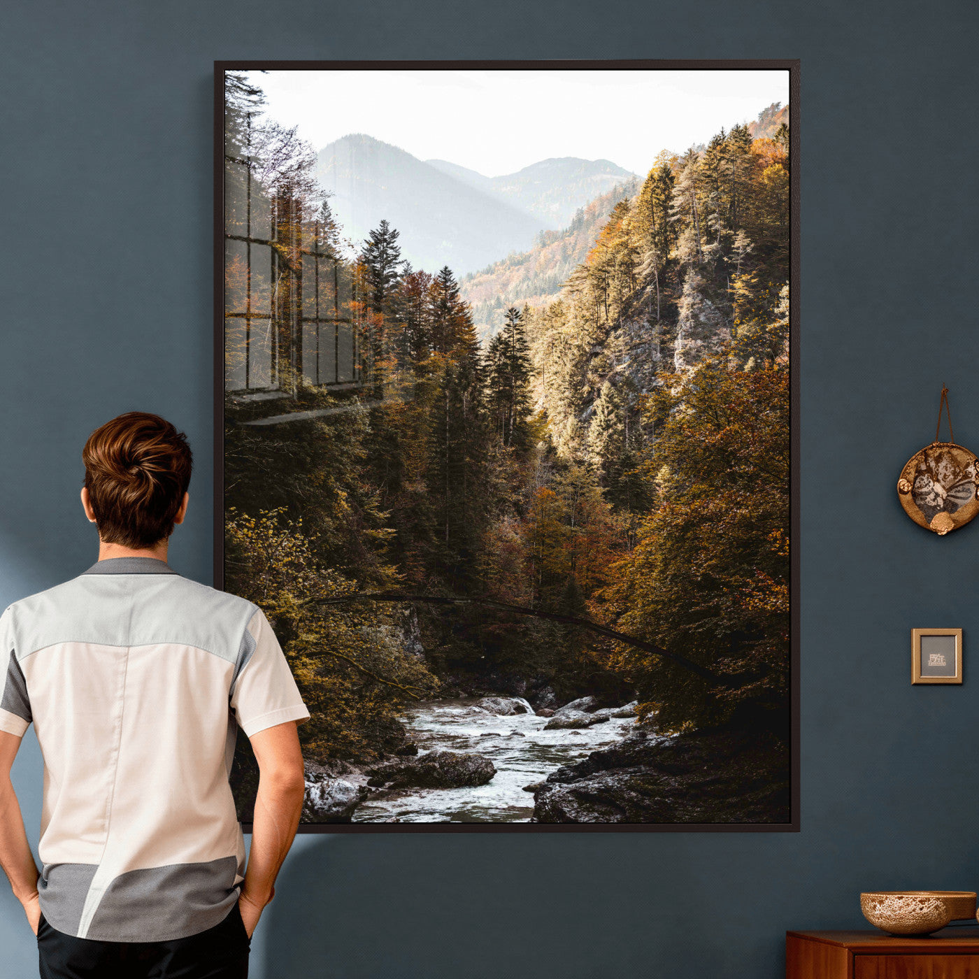 73651627-MGV-CV-24X36 - Autumn Forest Mountain Wall Art Canvas Print, Nature Landscape Wall Decor, Scenic River Forest Artwork, Rustic Woodland Canvas Wall Art, Framed Canvas Wall Art Ready to Hangq