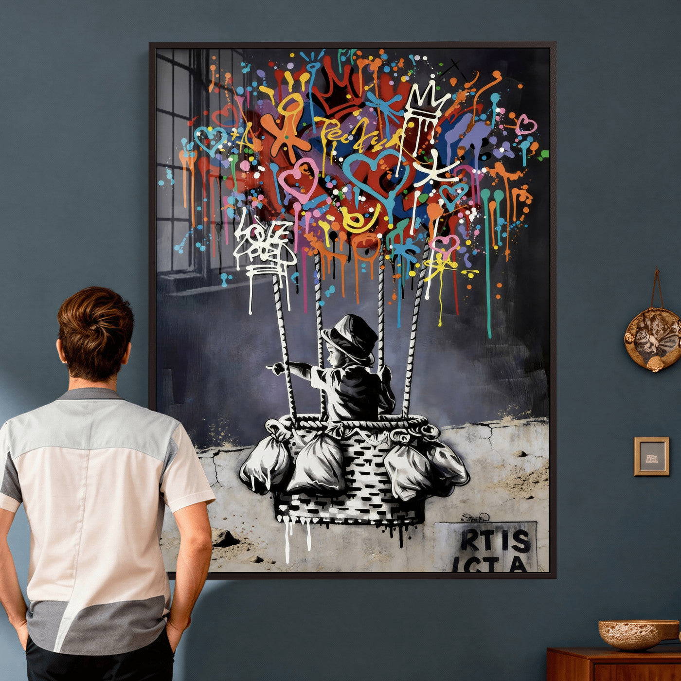 56325542-MGV-CV-24X36 - Banksy Inspired Boy Swing Wall Art Canvas Print, Graffiti Balloon Hearts Street Art, Colorful Urban Mural Artwork for Modern Living Room Decor