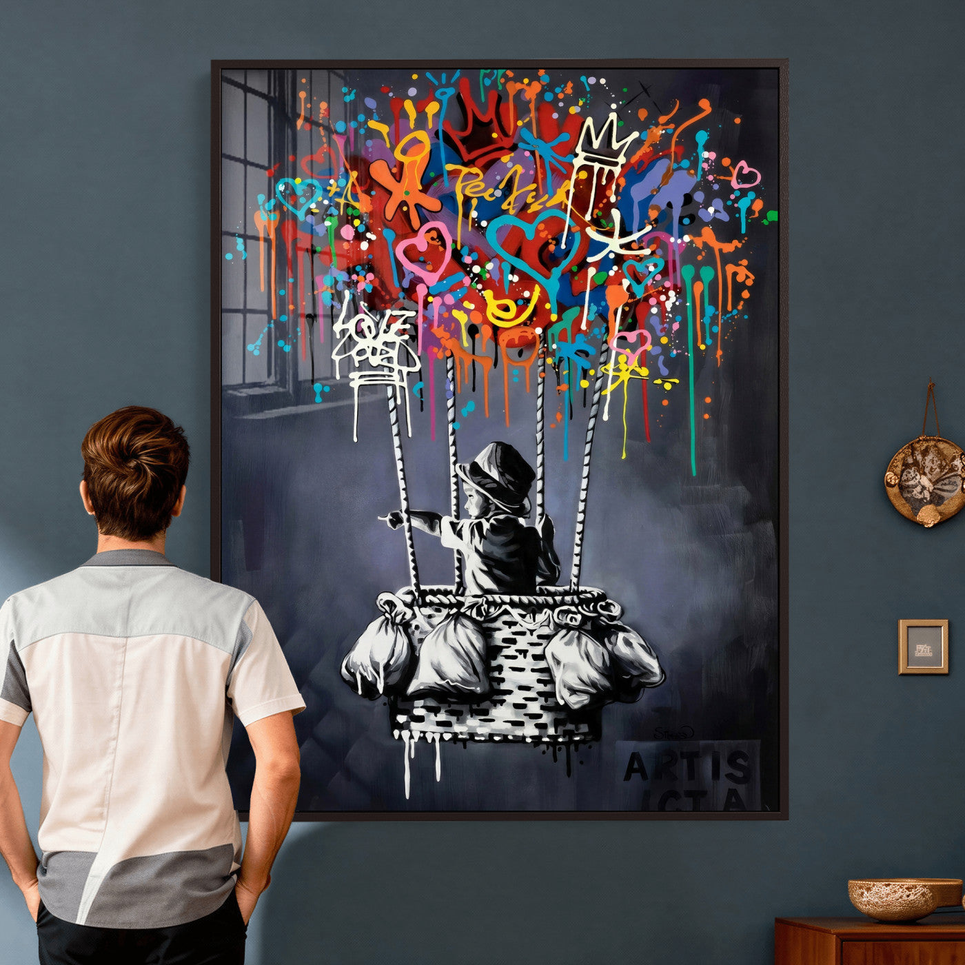 87352999-MGV-CV-24X36 - Banksy Inspired Boy Swing Wall Art Canvas Print, Graffiti Balloon Hearts Street Art, Colorful Urban Mural Artwork for Modern Living Room Decor