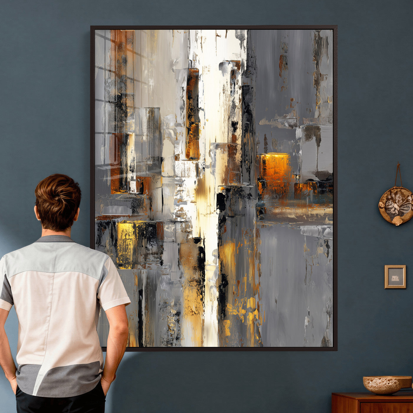 35992080-MGV-CV-24X36 - Abstract Urban Reflection Wall Art Canvas Print, Gold Black Modern Architecture Canvas Print, Contemporary Moody City Artwork for Living Room Decor